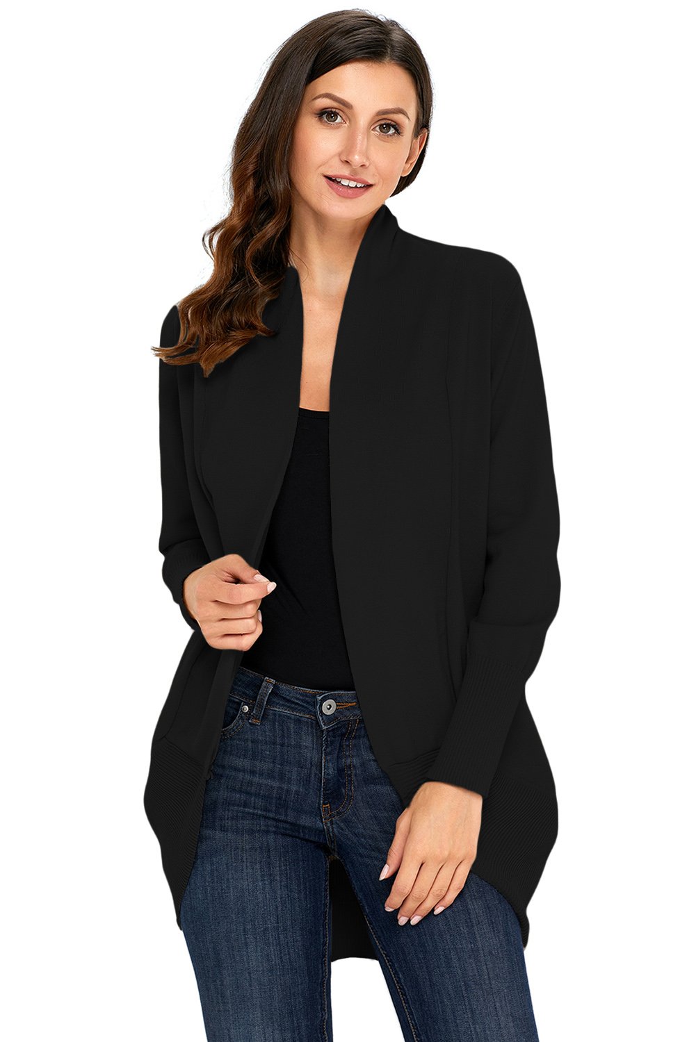 A stylish black super soft long sleeve open cardigan displayed on a mannequin, showcasing its lightweight fabric and open front design.