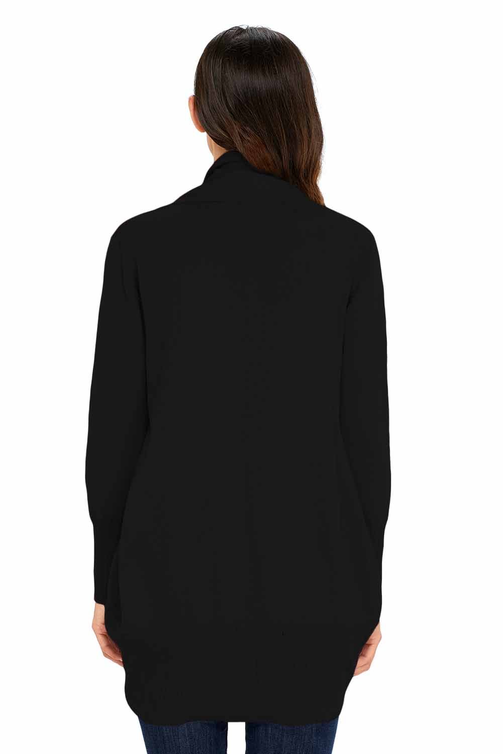 A stylish black super soft long sleeve open cardigan displayed on a mannequin, showcasing its lightweight fabric and open front design.