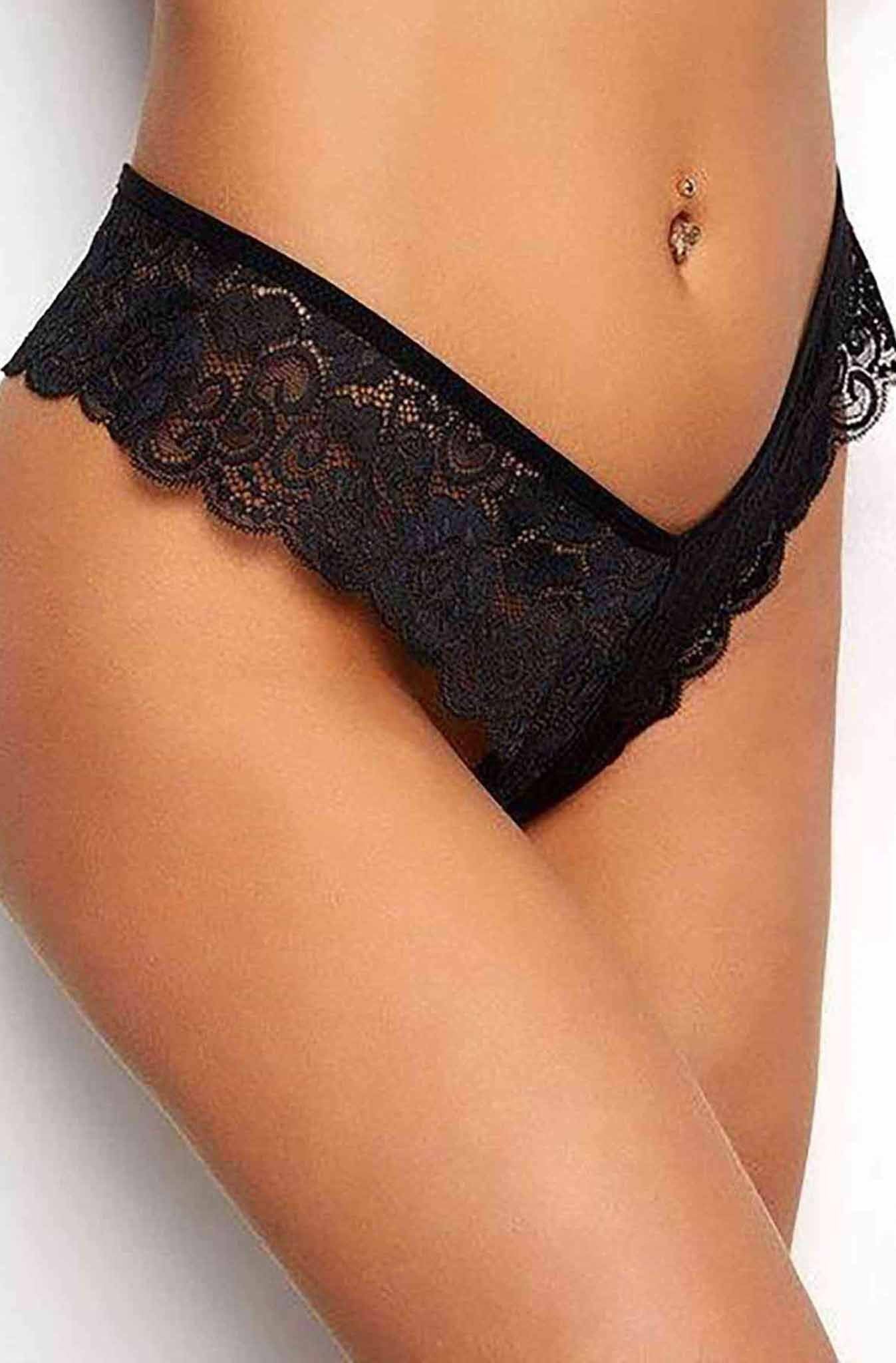 Black Trim Lace Thong V Back Panty featuring a criss-cross design and lace trim for a stylish look.