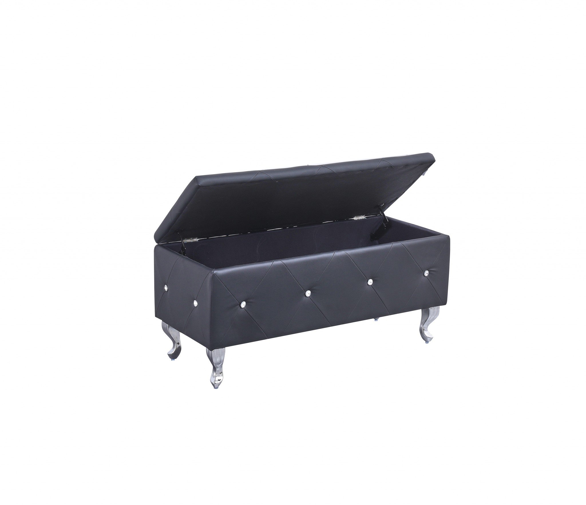 Black tufted hard wood storage bench with padded top and crystal tufting, ideal for stylish storage and seating.