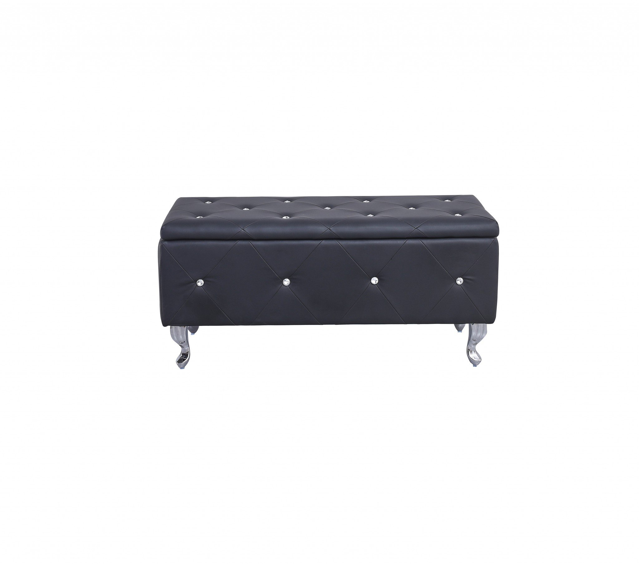 Black tufted hard wood storage bench with padded top and crystal tufting, ideal for stylish storage and seating.