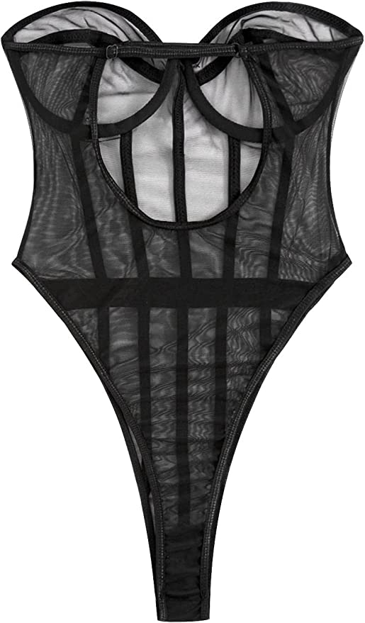 Black Verona Sheer Corset Body Suit featuring a stylish sheer design and corset structure, perfect for enhancing curves.