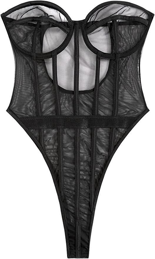 Black Verona Sheer Corset Body Suit featuring a stylish sheer design and corset structure, perfect for enhancing curves.