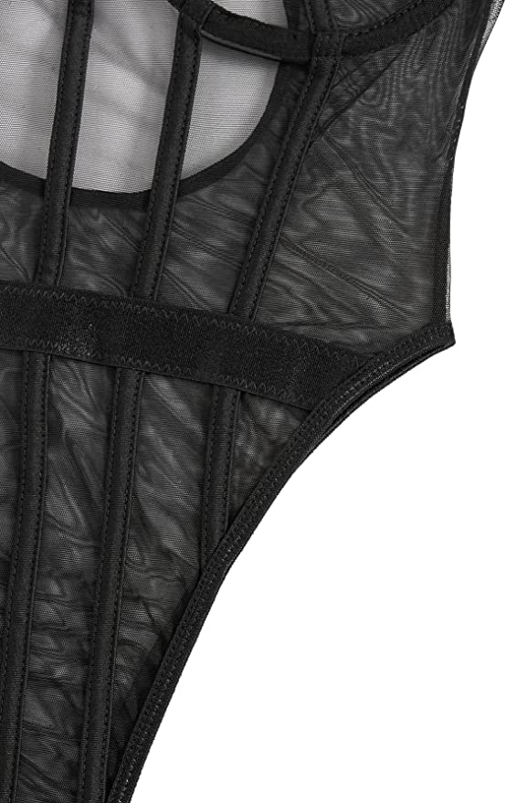 Black Verona Sheer Corset Body Suit featuring a stylish sheer design and corset structure, perfect for enhancing curves.