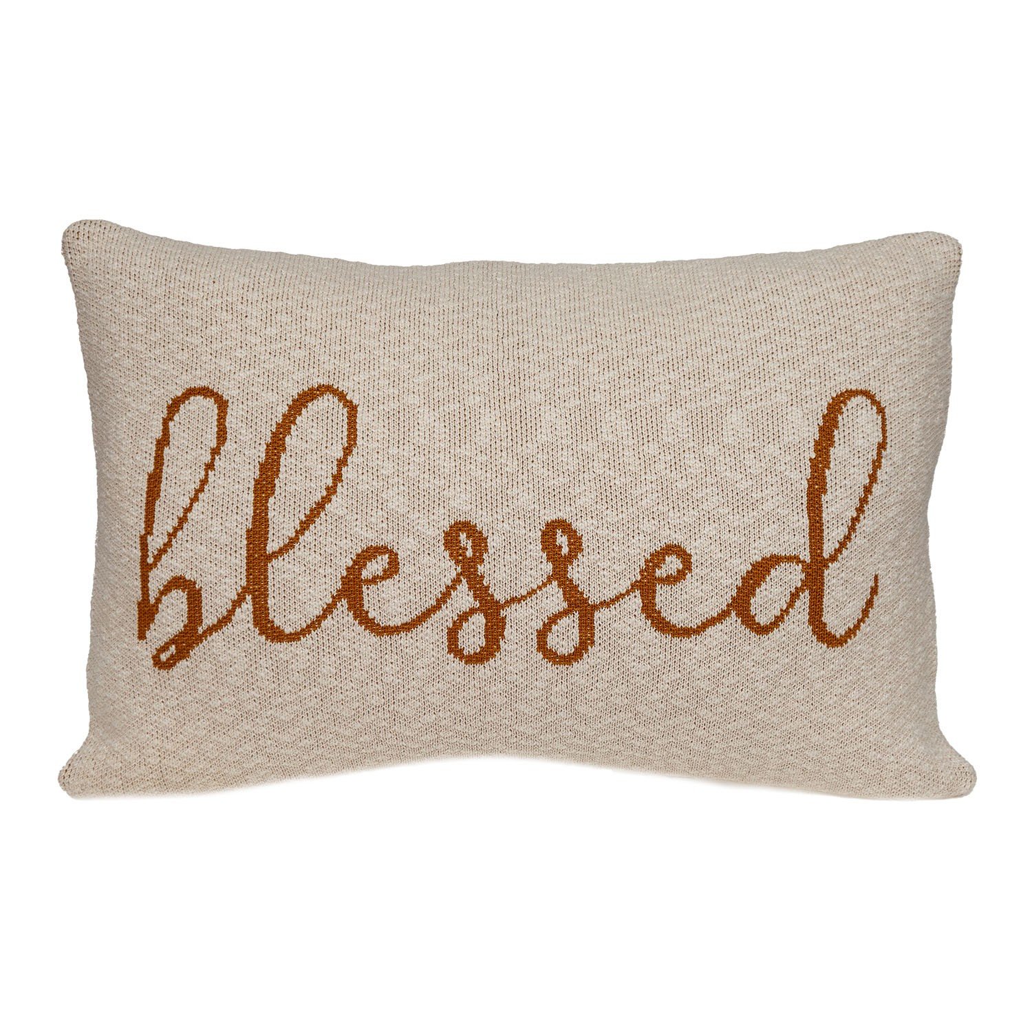 Blessed Carmel Throw Pillow with cream backdrop and caramel cursive text, perfect for home decor.