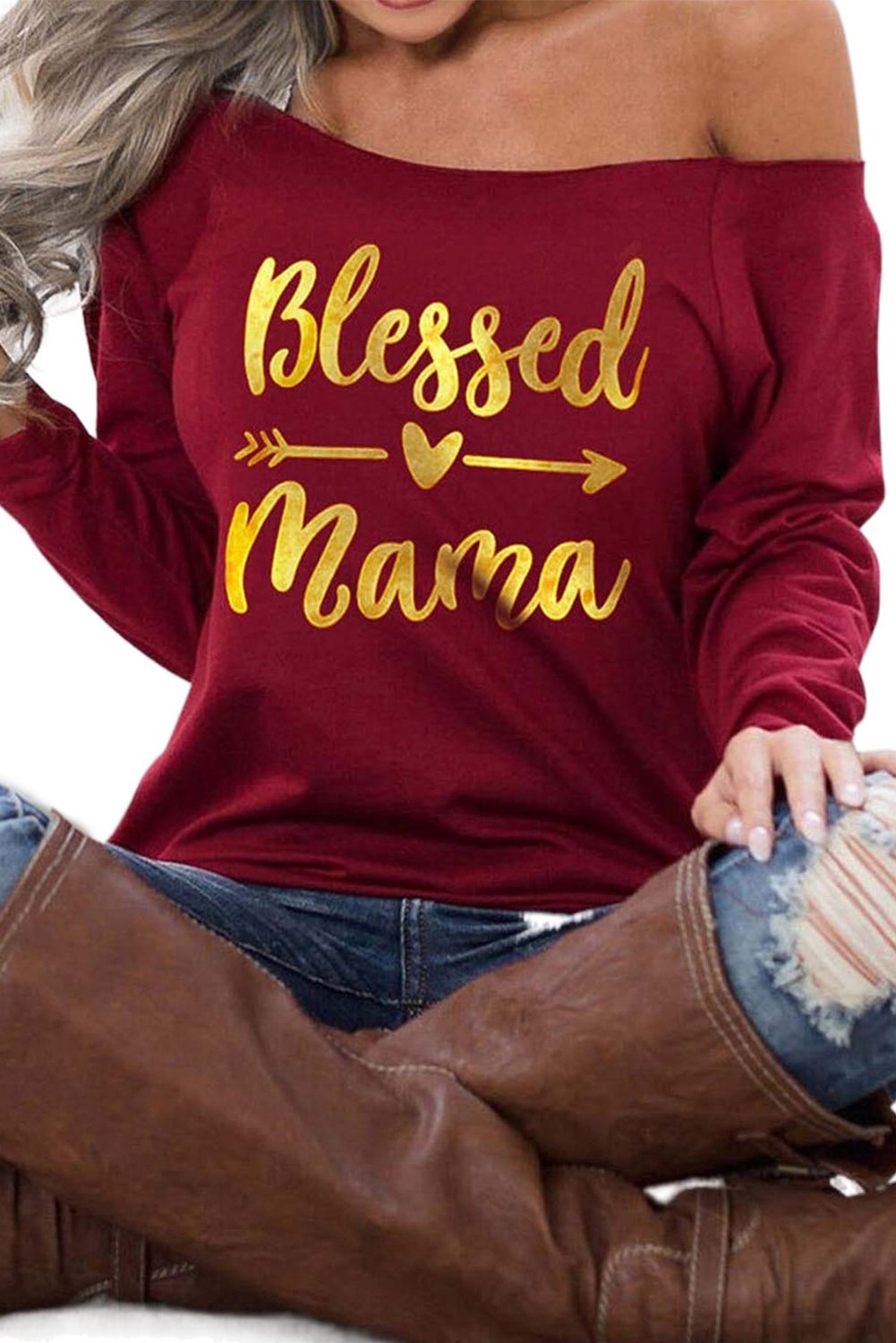 A vibrant Blessed Mama Heart Arrow Off Shoulder Blouse featuring a colorful print and stylish off-shoulder design, perfect for fashionable moms.