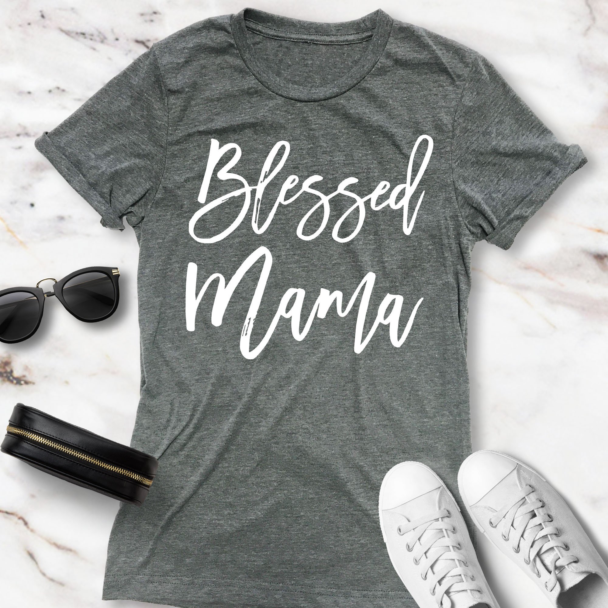 A stylish Heather Gray BLESSED MAMA shirt featuring a crew neck design, perfect for mothers.