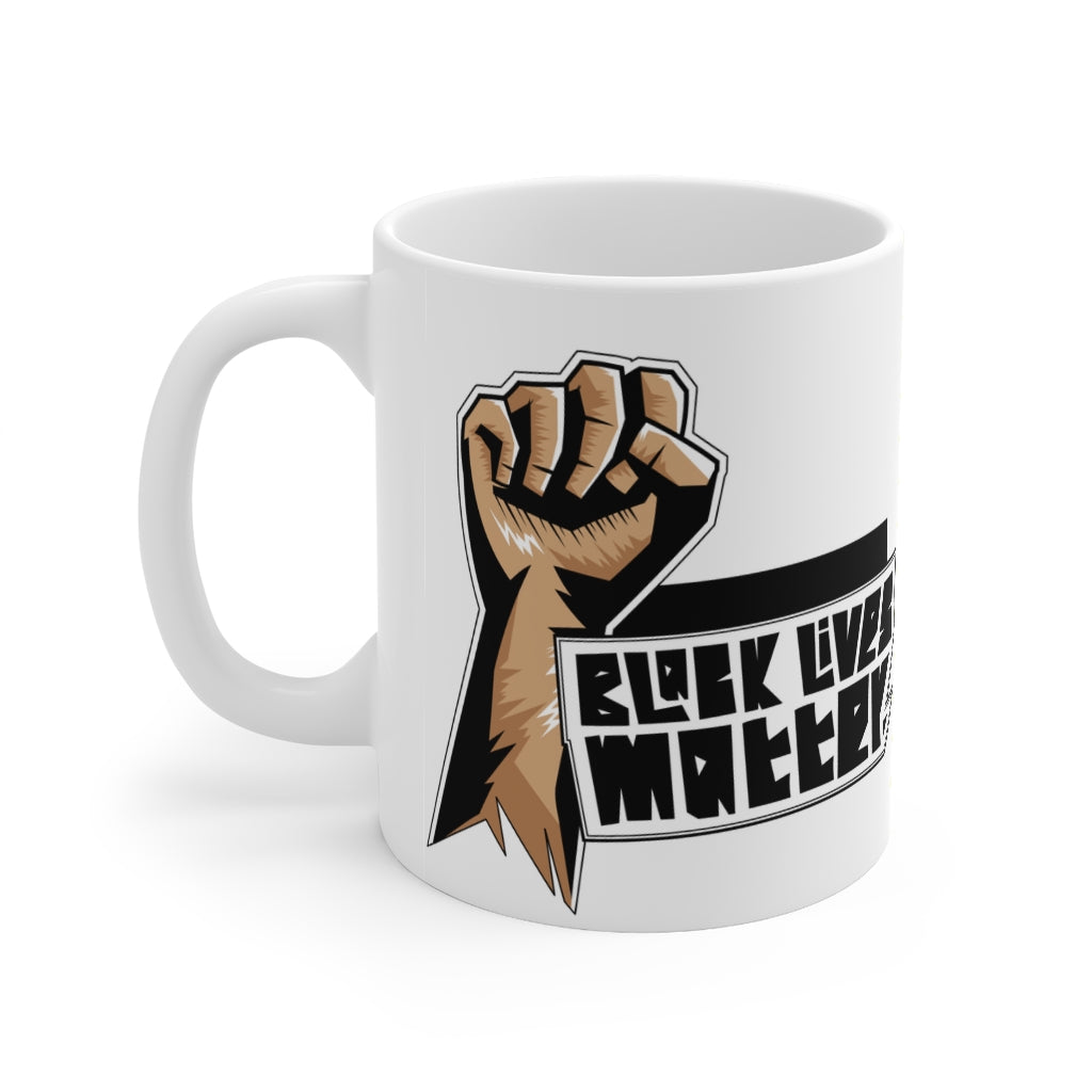 BLM 11oz Mug made of white ceramic with a C-handle, perfect for coffee and tea lovers.