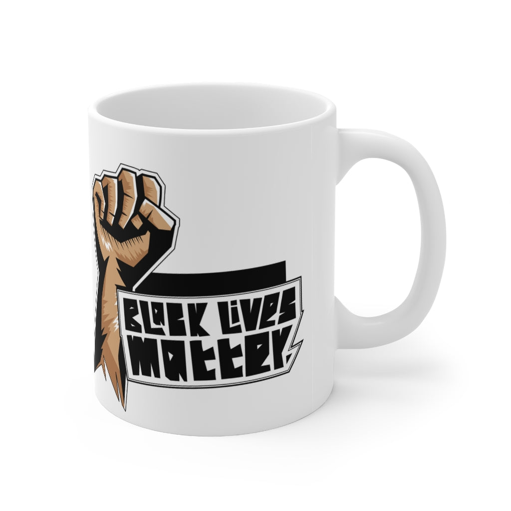 BLM 11oz Mug made of white ceramic with a C-handle, perfect for coffee and tea lovers.