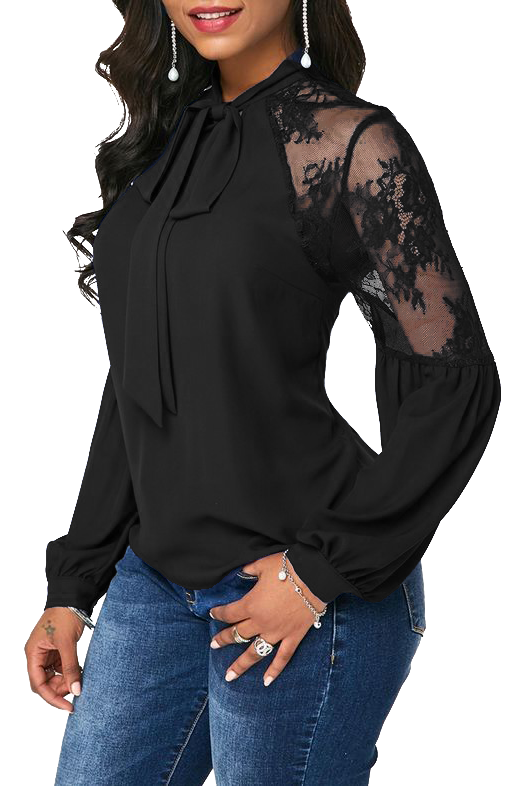 Elegant black blouse with lace detailing and a decorative bow ribbon, featuring long sleeves with tight wrists.