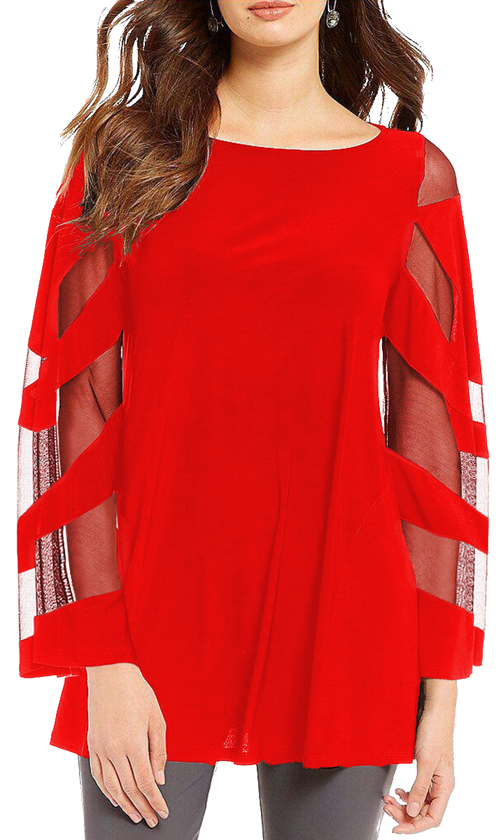 A stylish red blouse with a larger round collar and long translucent sleeves, perfect for a relaxed look.