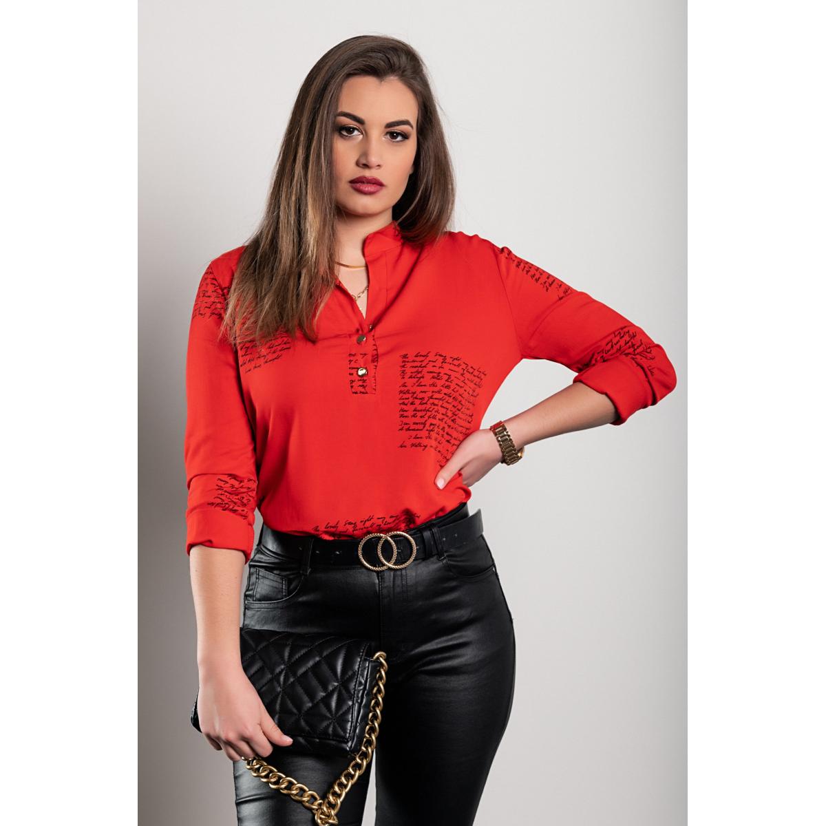 A stylish red blouse with a sporty yet elegant design, perfect for various fashion combinations.