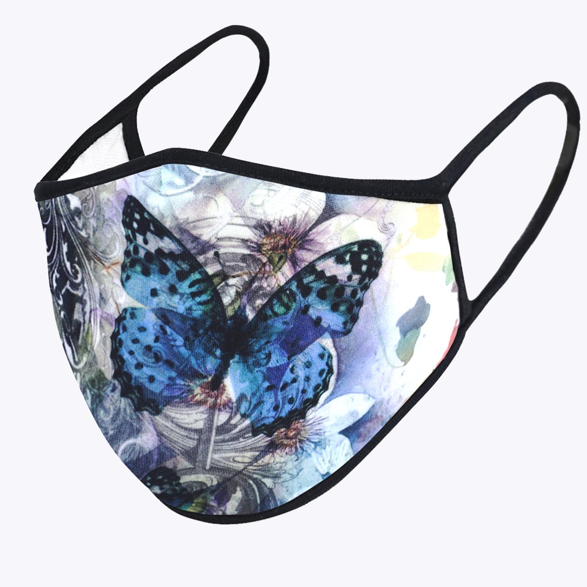 Blue Butterfly 3-Layered Face Cover featuring a unique butterfly print, made from polyester and cotton, designed for comfort and protection.