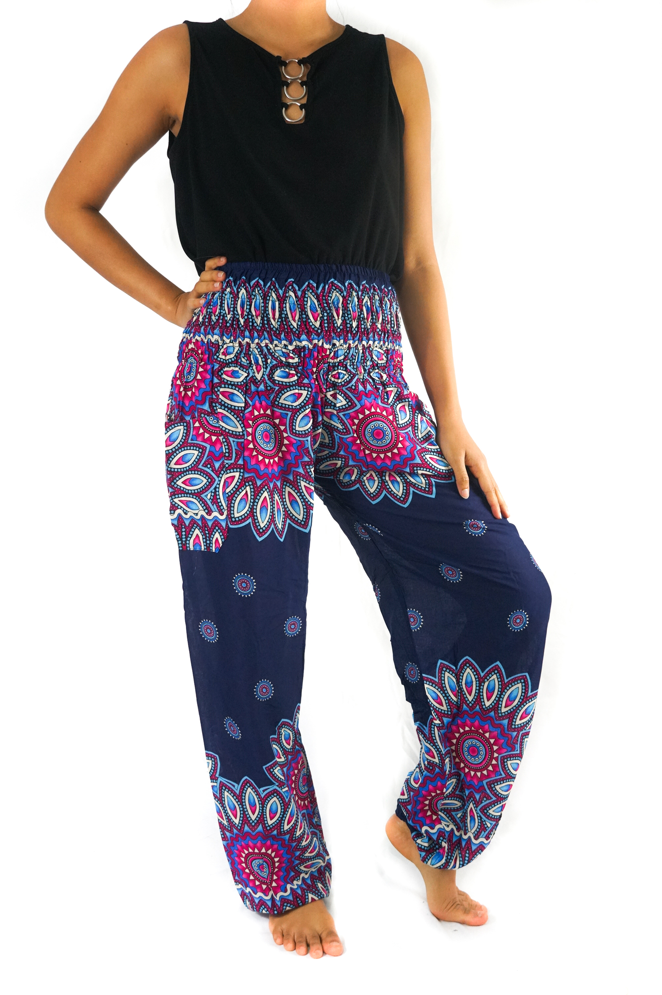 Person wearing vibrant patterned pants.