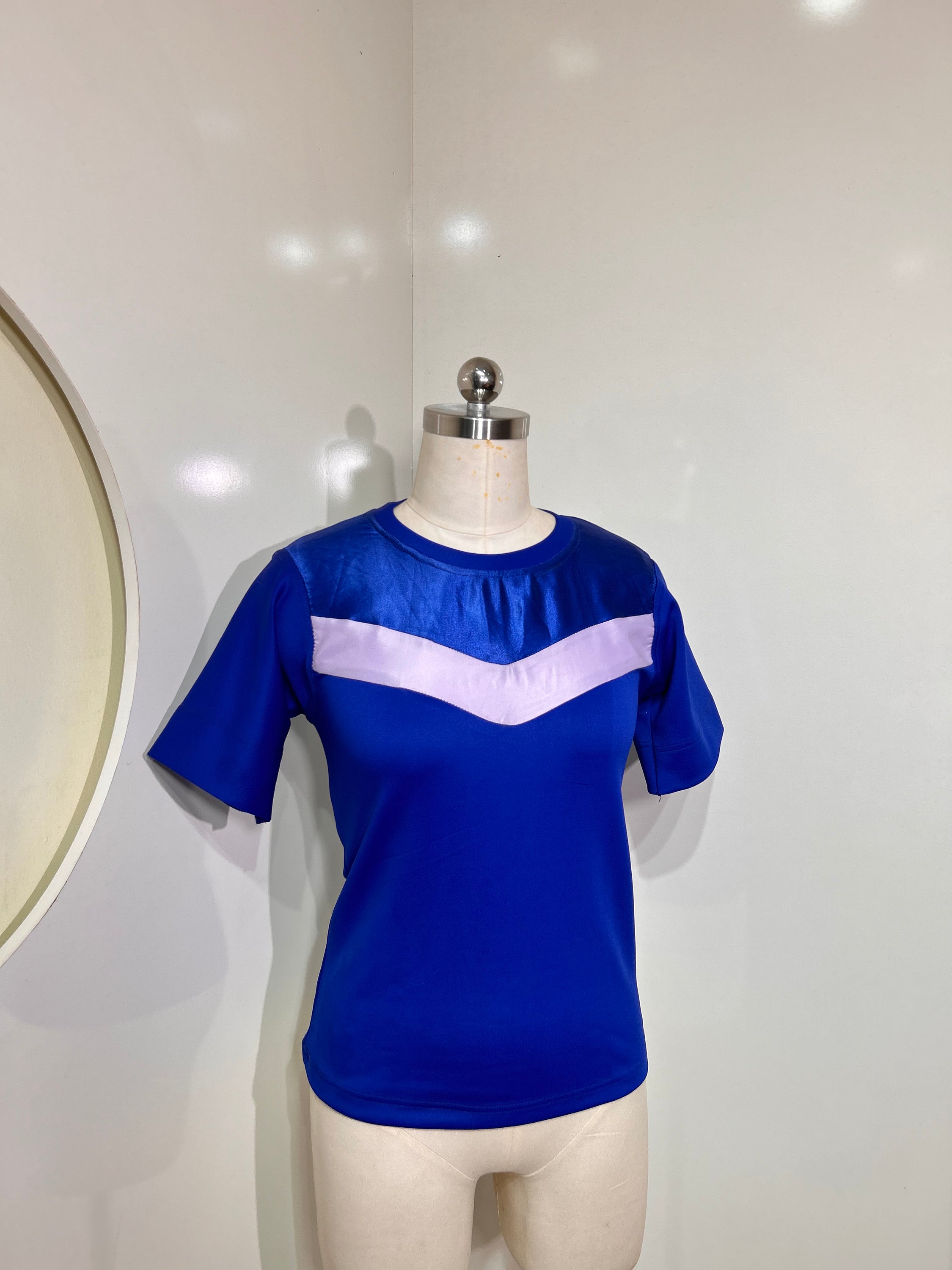 A stylish blue and white round neck jersey top, showcasing its soft fabric and short sleeves, perfect for casual wear.