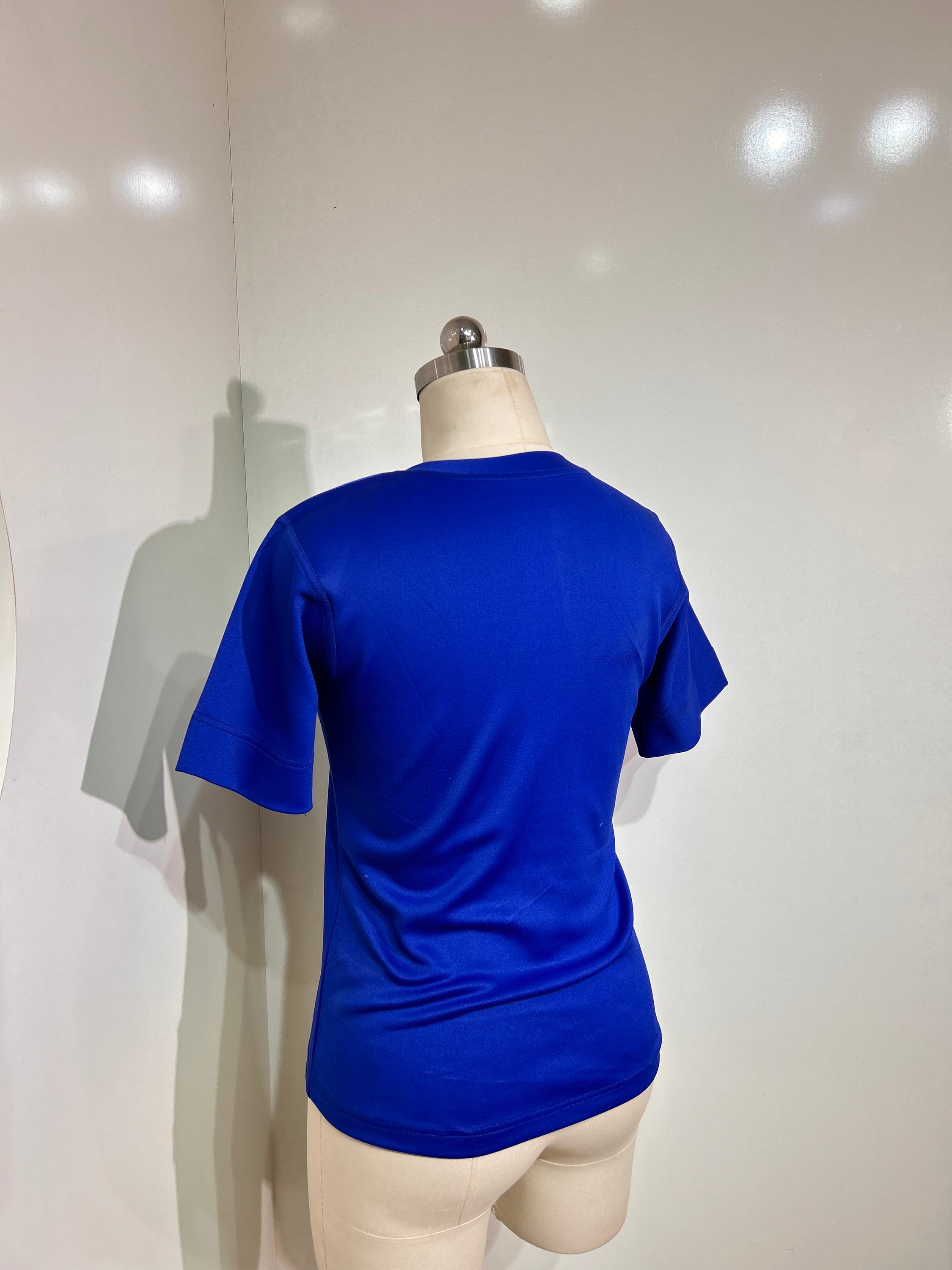 A stylish blue and white round neck jersey top, showcasing its soft fabric and short sleeves, perfect for casual wear.