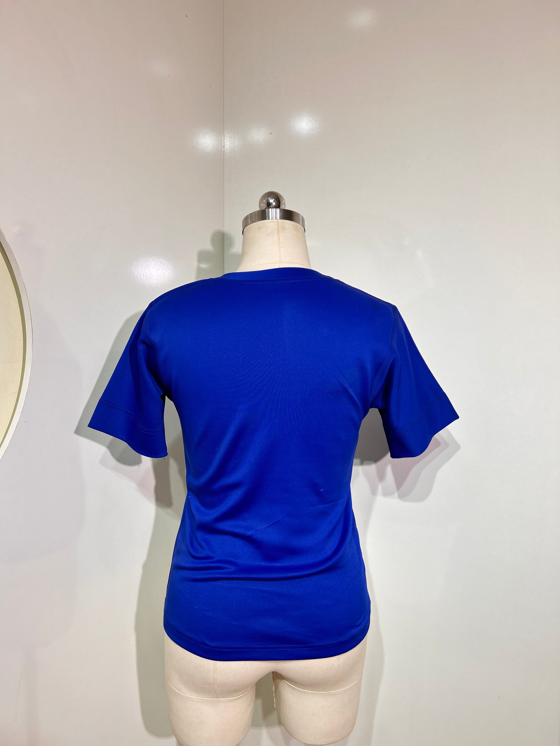 A stylish blue and white round neck jersey top, showcasing its soft fabric and short sleeves, perfect for casual wear.