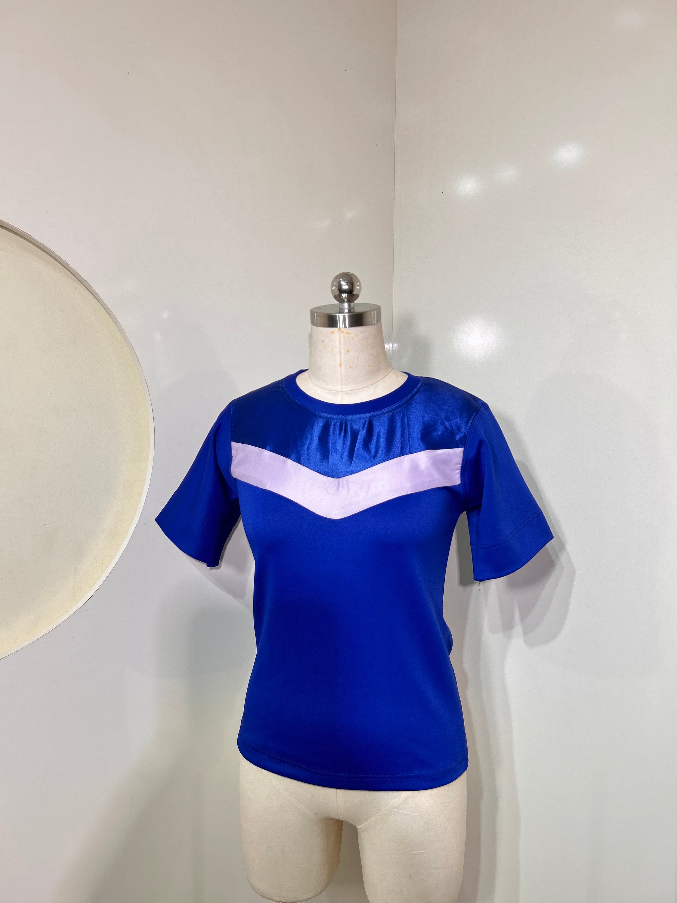 A stylish blue and white round neck jersey top, showcasing its soft fabric and short sleeves, perfect for casual wear.