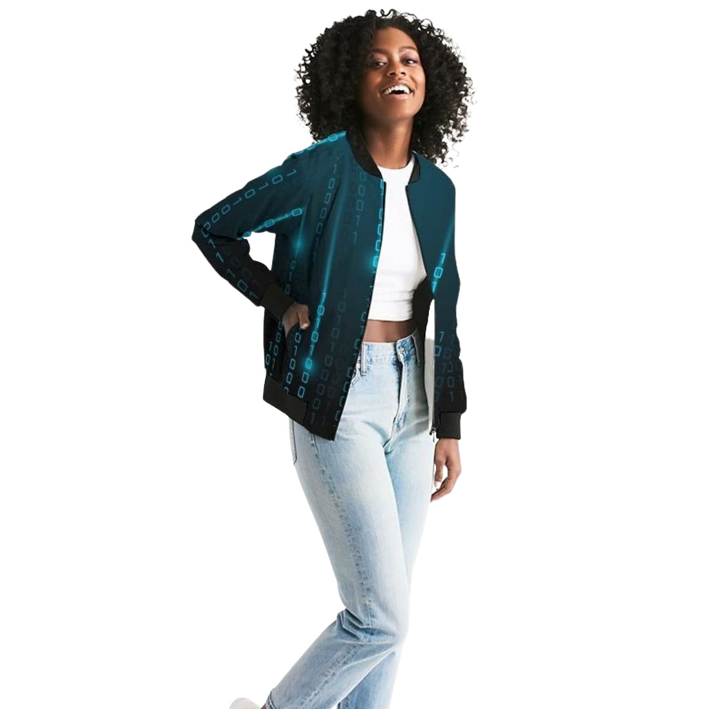 A stylish Blue Matrix Women's Bomber Jacket featuring ribbed cuffs, a baseball collar, and a metal zip closure, perfect for year-round wear.