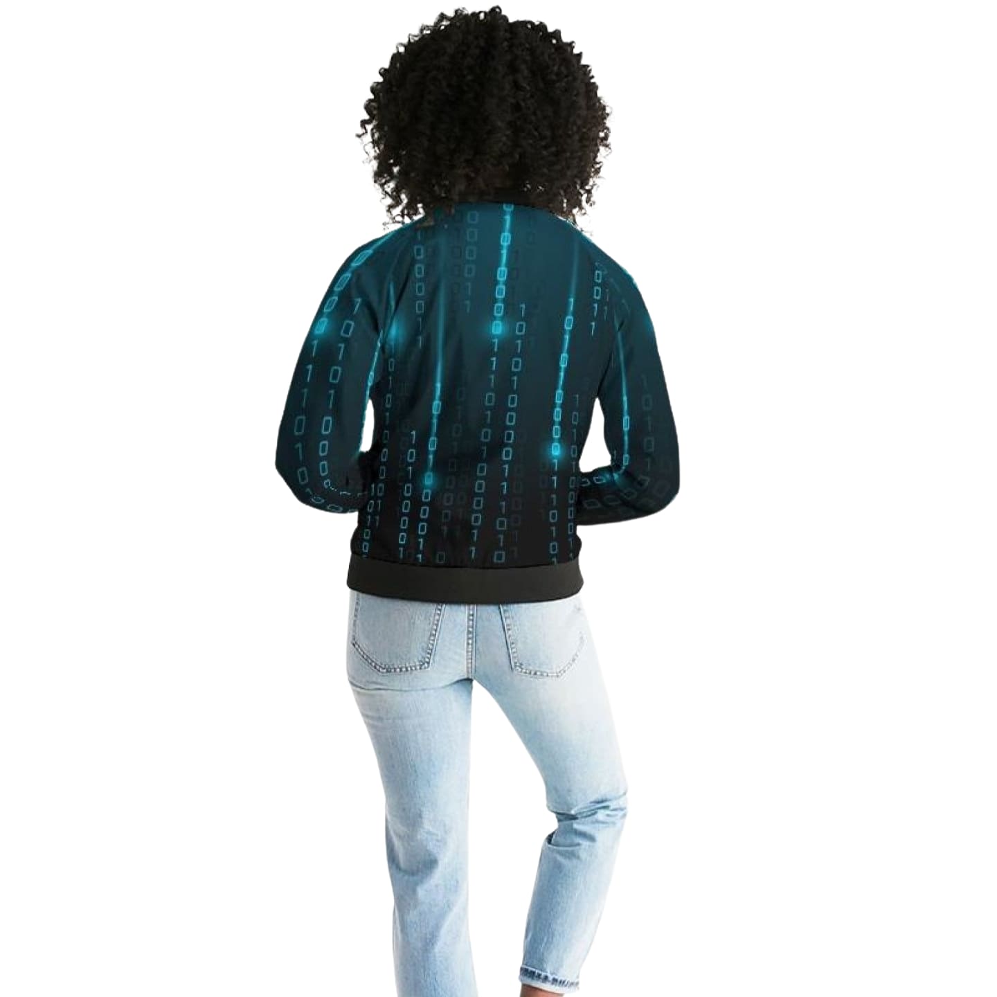 A stylish Blue Matrix Women's Bomber Jacket featuring ribbed cuffs, a baseball collar, and a metal zip closure, perfect for year-round wear.