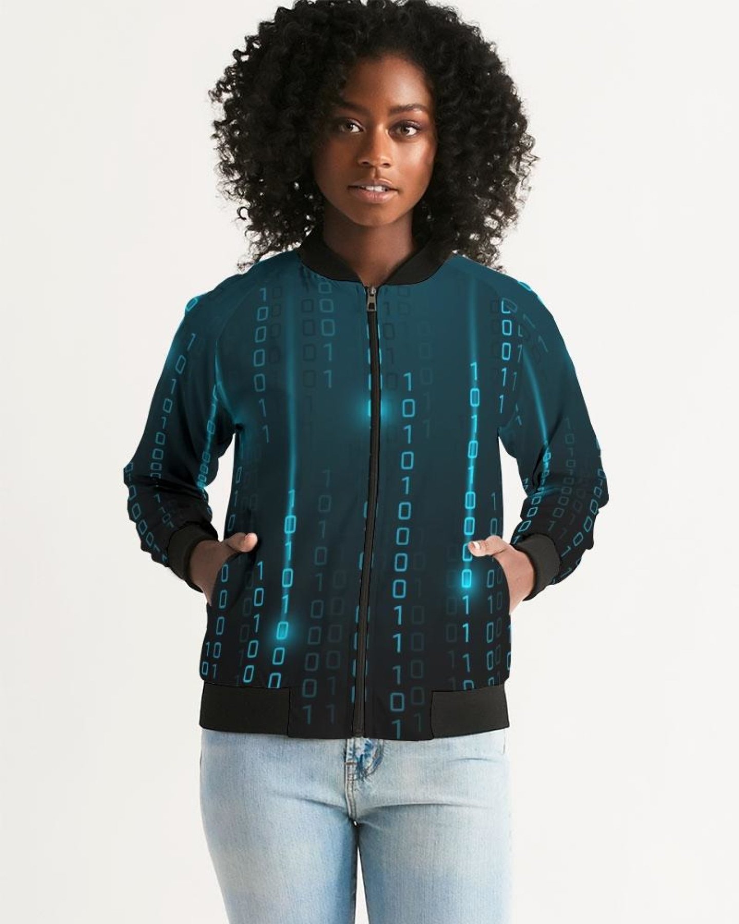 A stylish Blue Matrix Women's Bomber Jacket featuring ribbed cuffs, a baseball collar, and a metal zip closure, perfect for year-round wear.