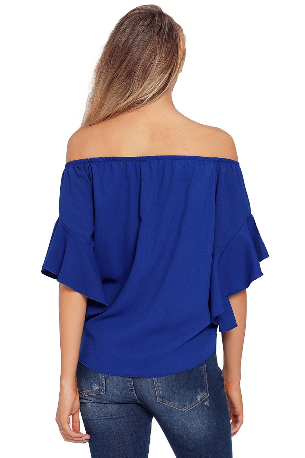 A stylish blue off the shoulder blouse with knot front and ruffle sleeves, perfect for summer outings.