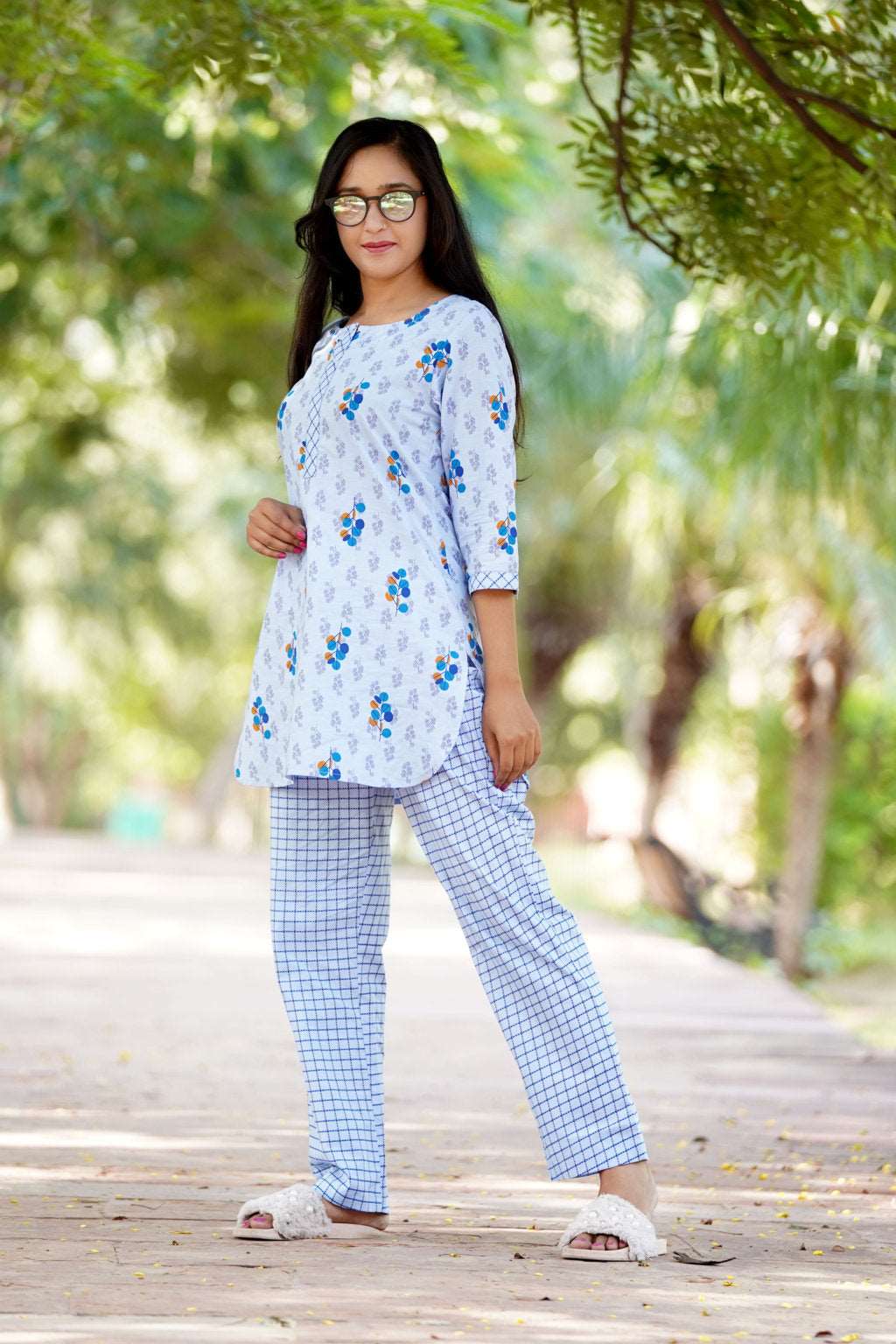 Blue Printed Cotton Night Suit featuring a comfortable top and pants set, designed for stylish and cozy nights.