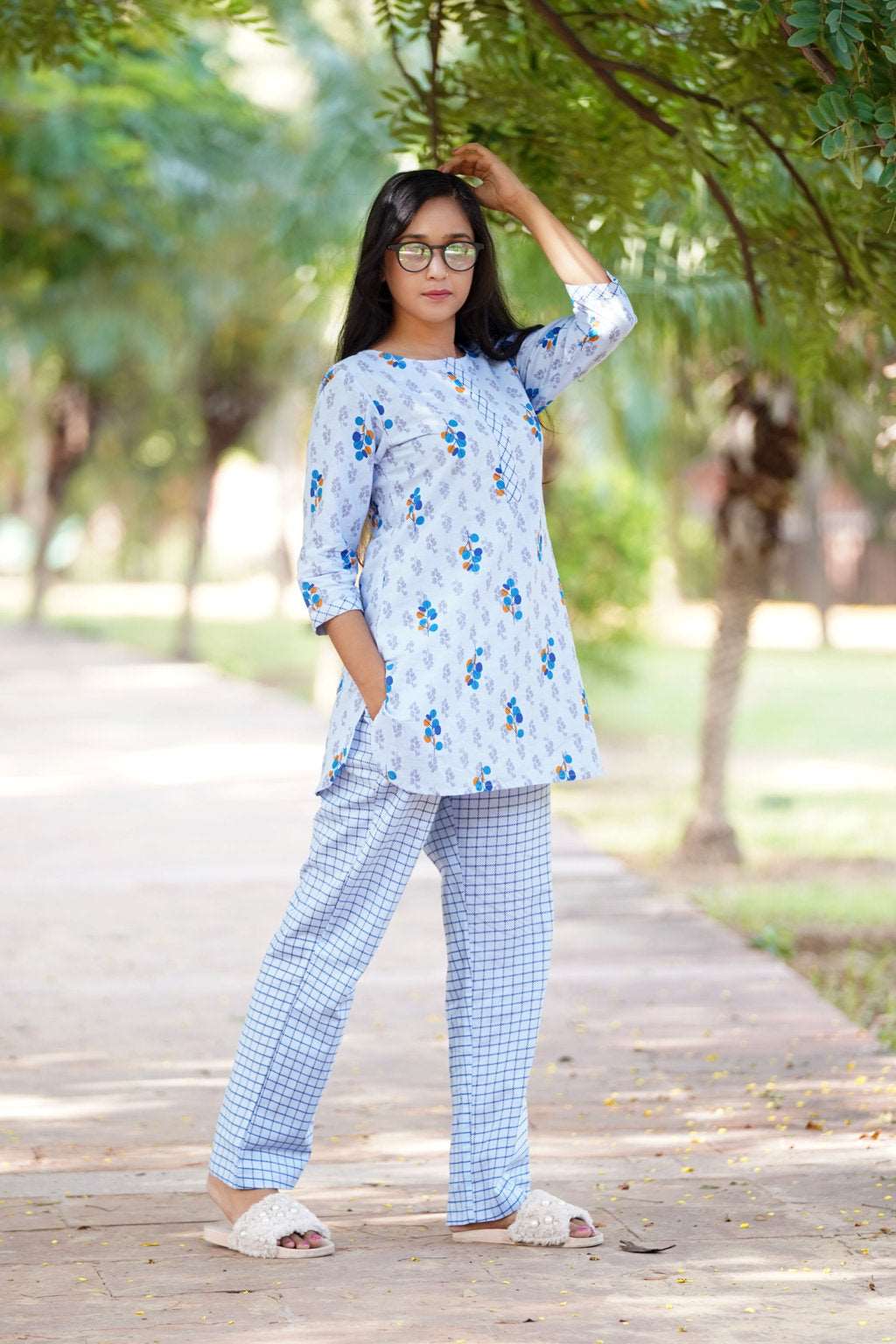 Blue Printed Cotton Night Suit featuring a comfortable top and pants set, designed for stylish and cozy nights.