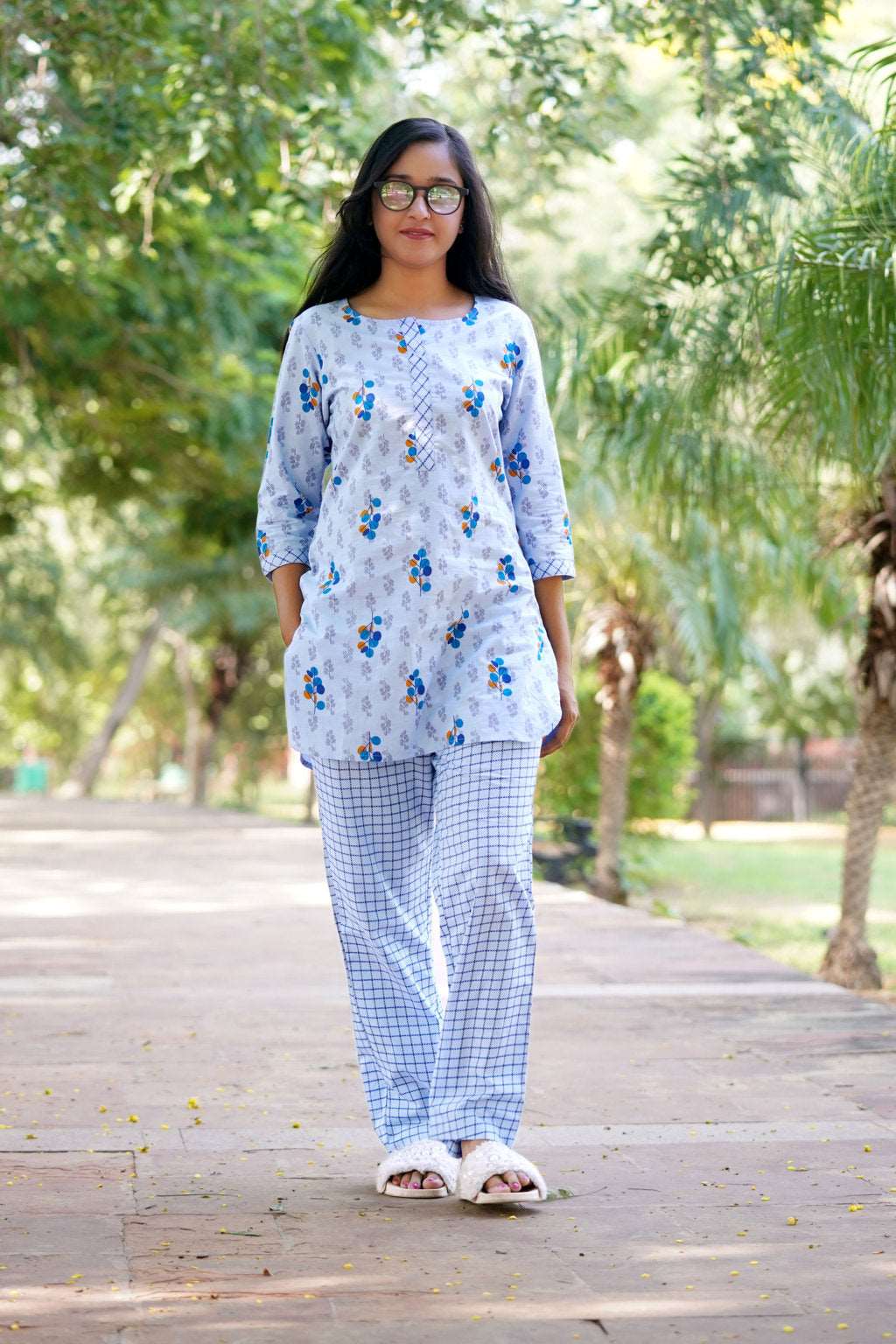 Blue Printed Cotton Night Suit featuring a comfortable top and pants set, designed for stylish and cozy nights.