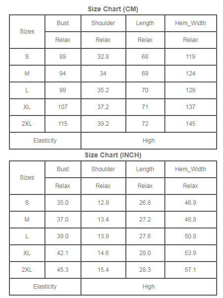 Clothing size charts in cm/inches.