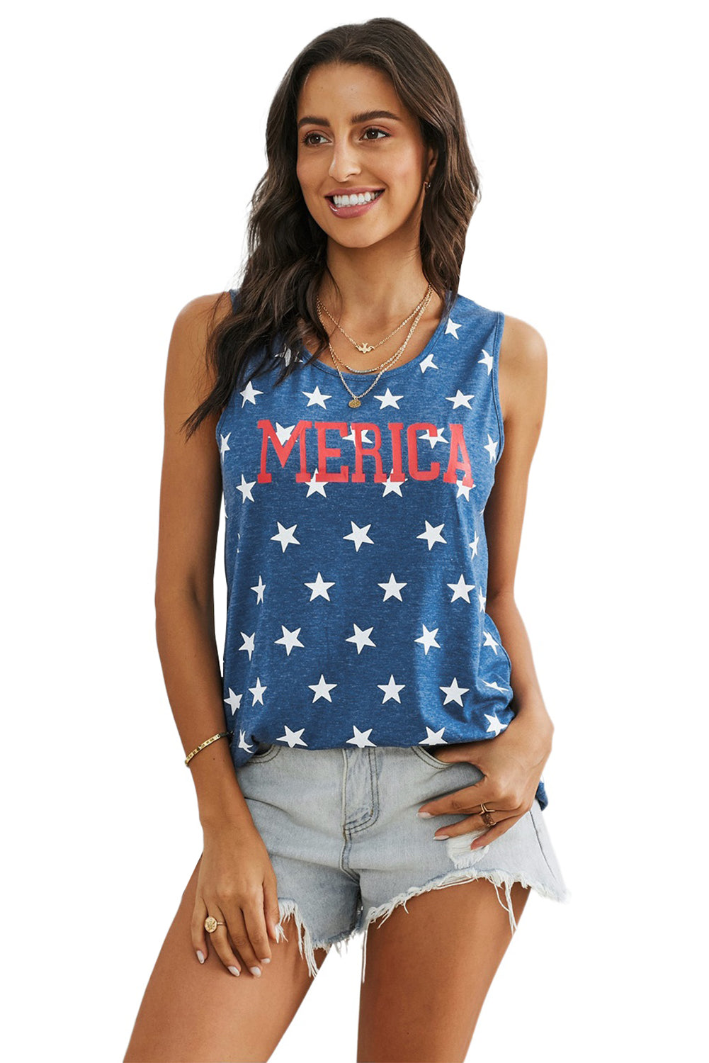 Woman in 'Merica' star-patterned tank top.