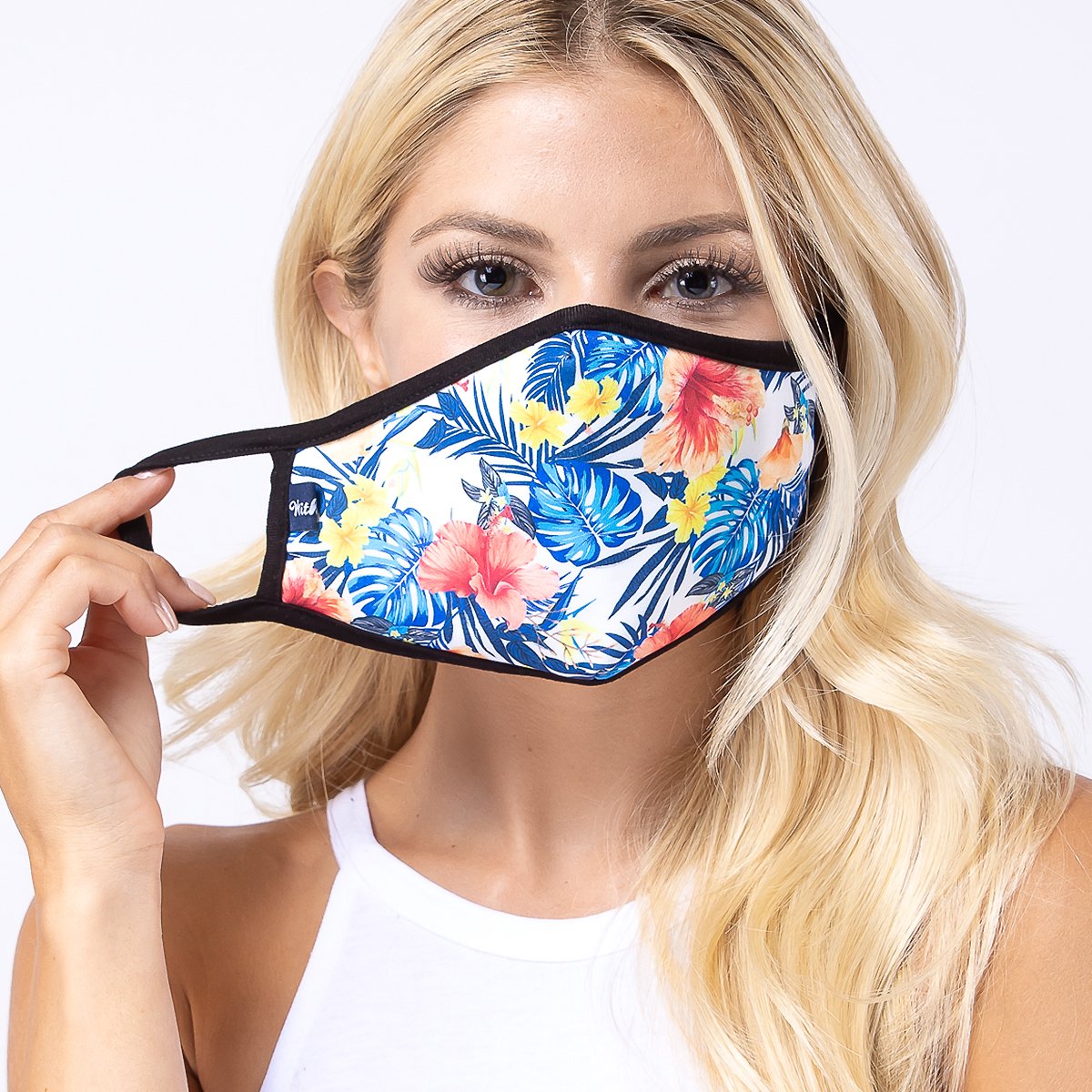 Blue Tropical 3-Layered Face Cover featuring a vibrant tropical print, made from polyester and cotton, designed for comfort and protection.