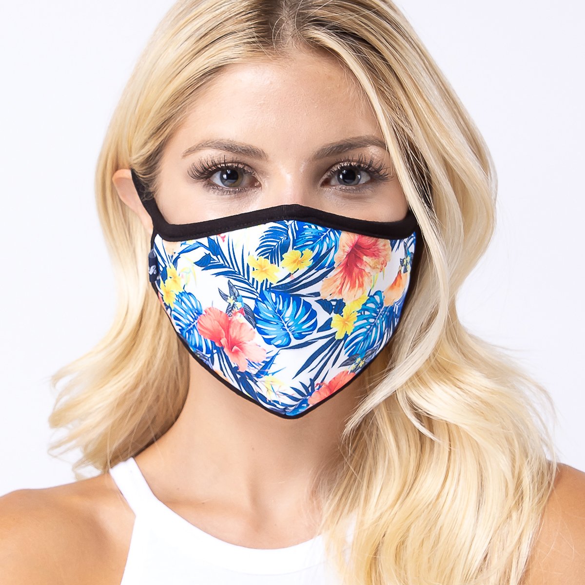 Blue Tropical 3-Layered Face Cover featuring a vibrant tropical print, made from polyester and cotton, designed for comfort and protection.