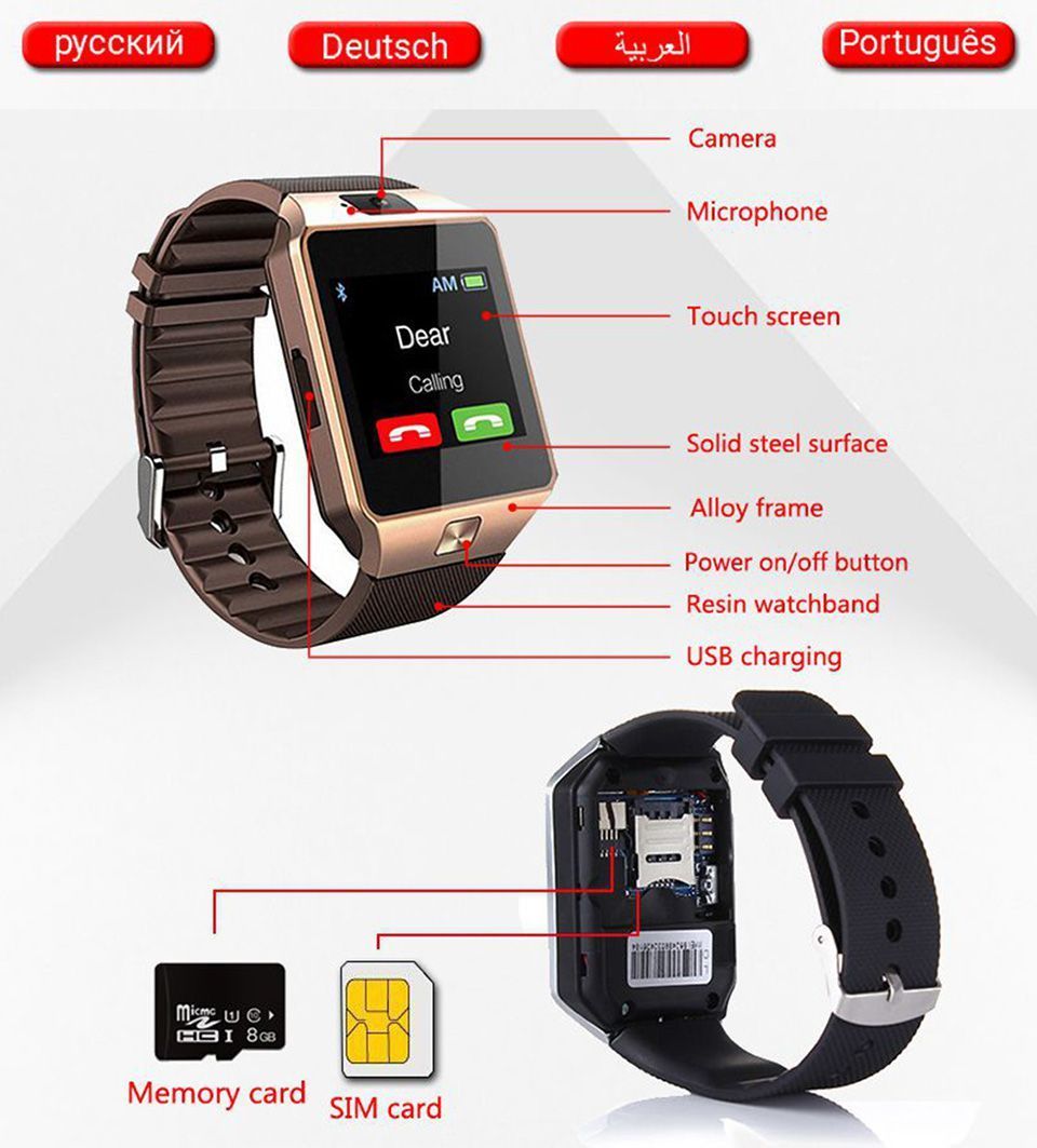 Bluetooth Android Smart Watch with Camera, SIM, and TF Slot, showcasing its sleek design and features.