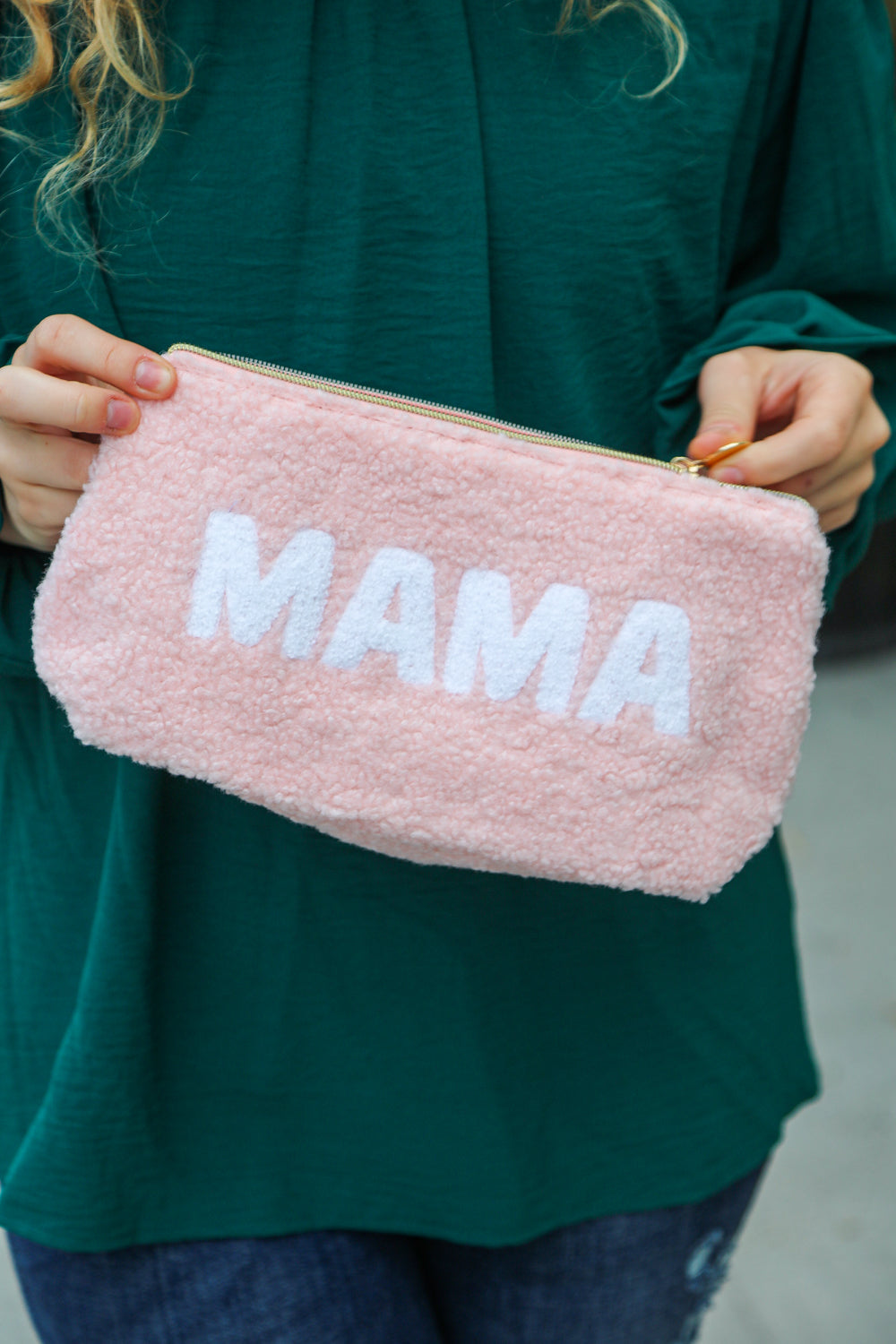 Blush 'Mama' Sherpa Zipper Bag with stitched applique and gold zipper, perfect for moms.