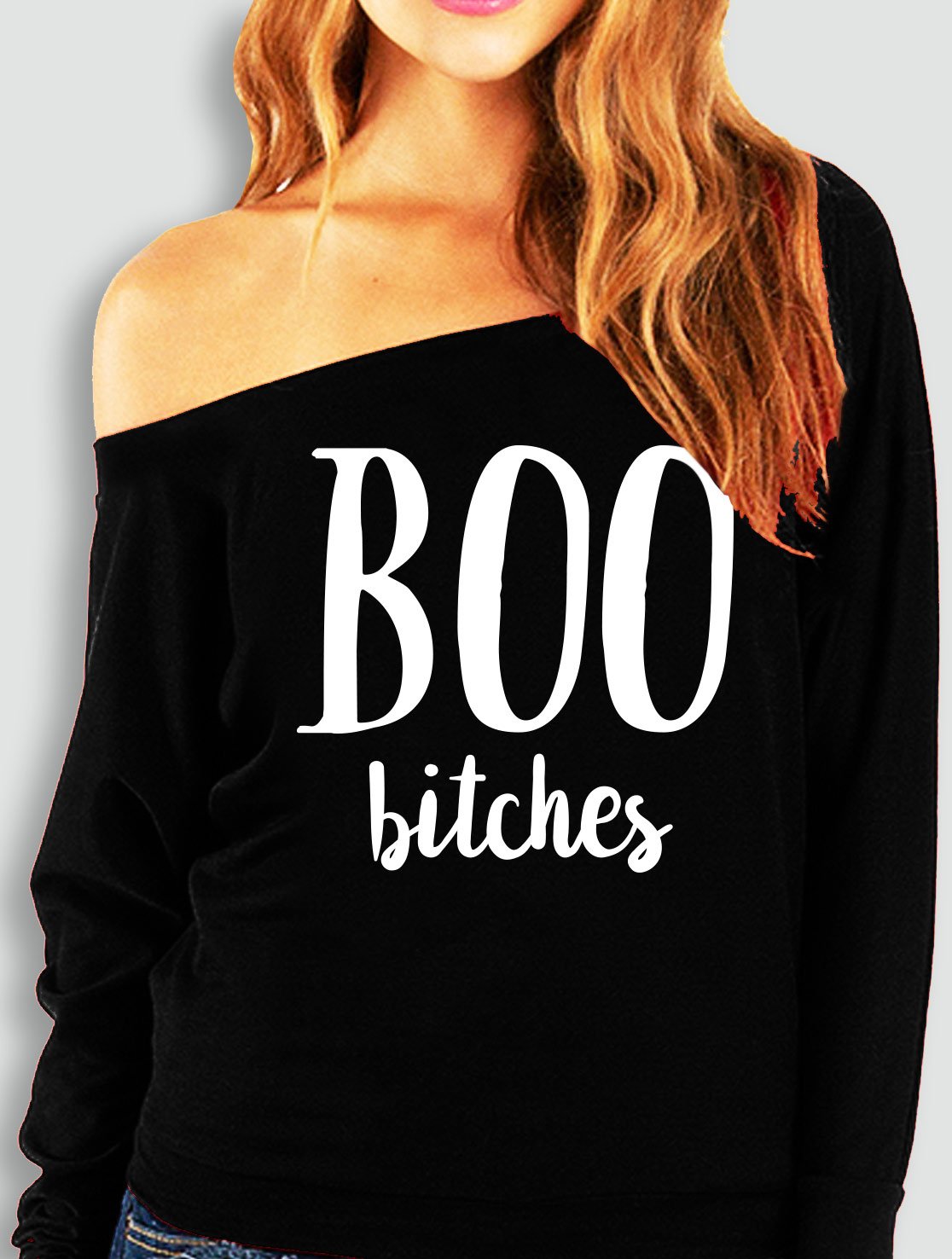 Black off-shoulder sweatshirt with 'BOO B*tches' graphic, perfect for Halloween celebrations.