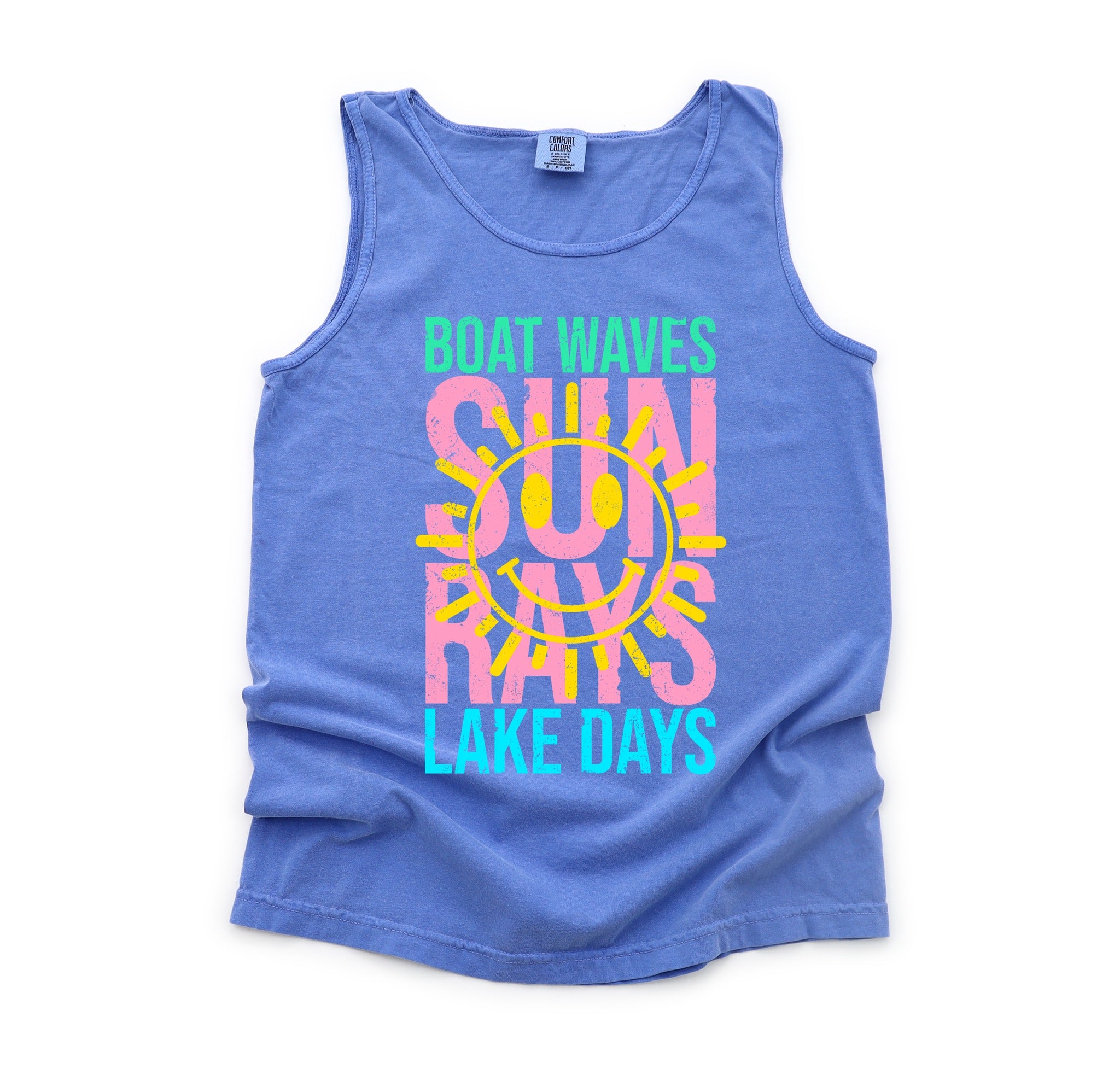 A vibrant Flo Blue tank top with 'Boat Waves Sun Rays Lake Days' printed design, perfect for summer lake activities.