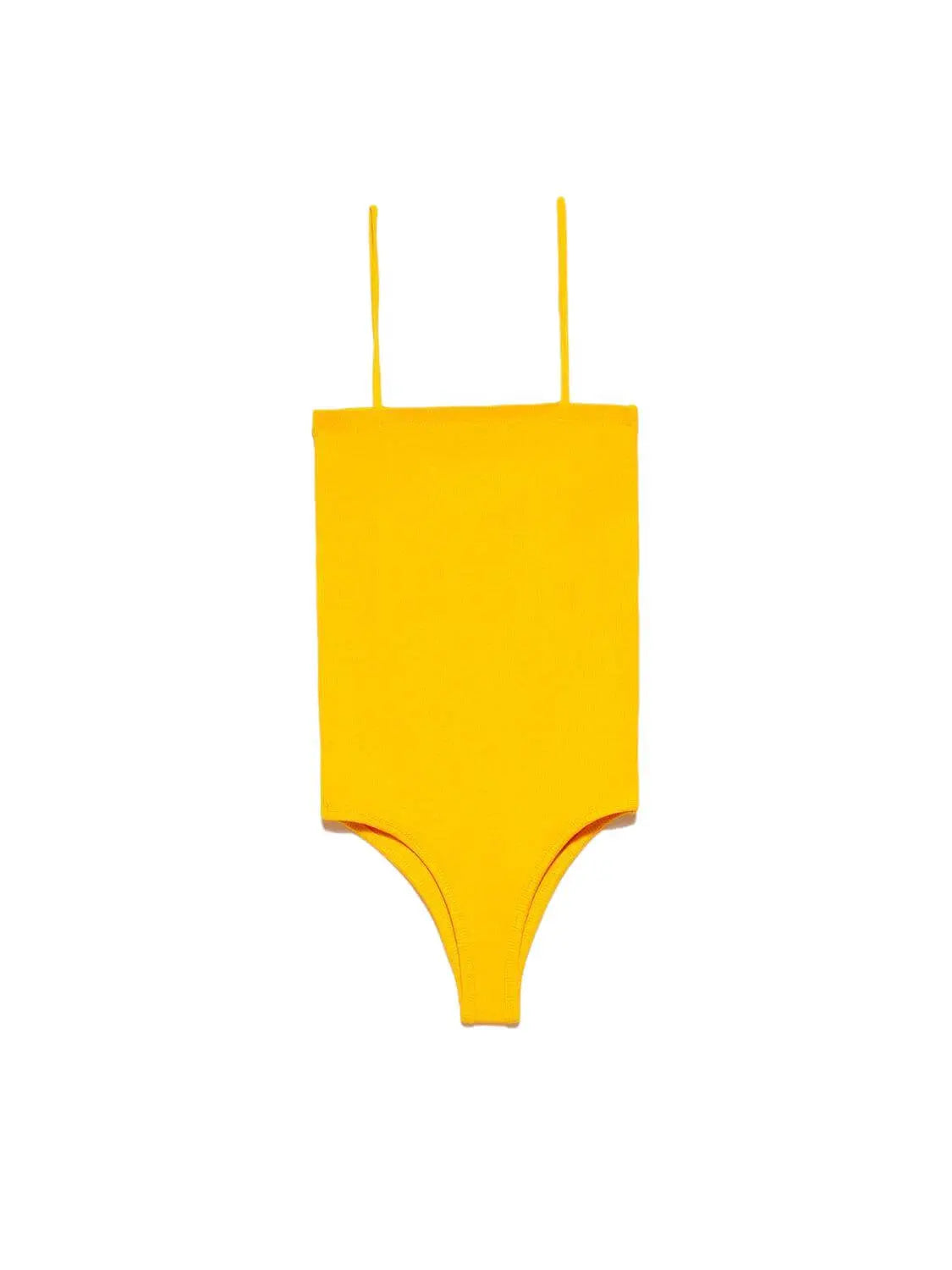 A stylish bodysuit made from a blend of polyester and elastane, showcasing its sleek design and comfortable fit.