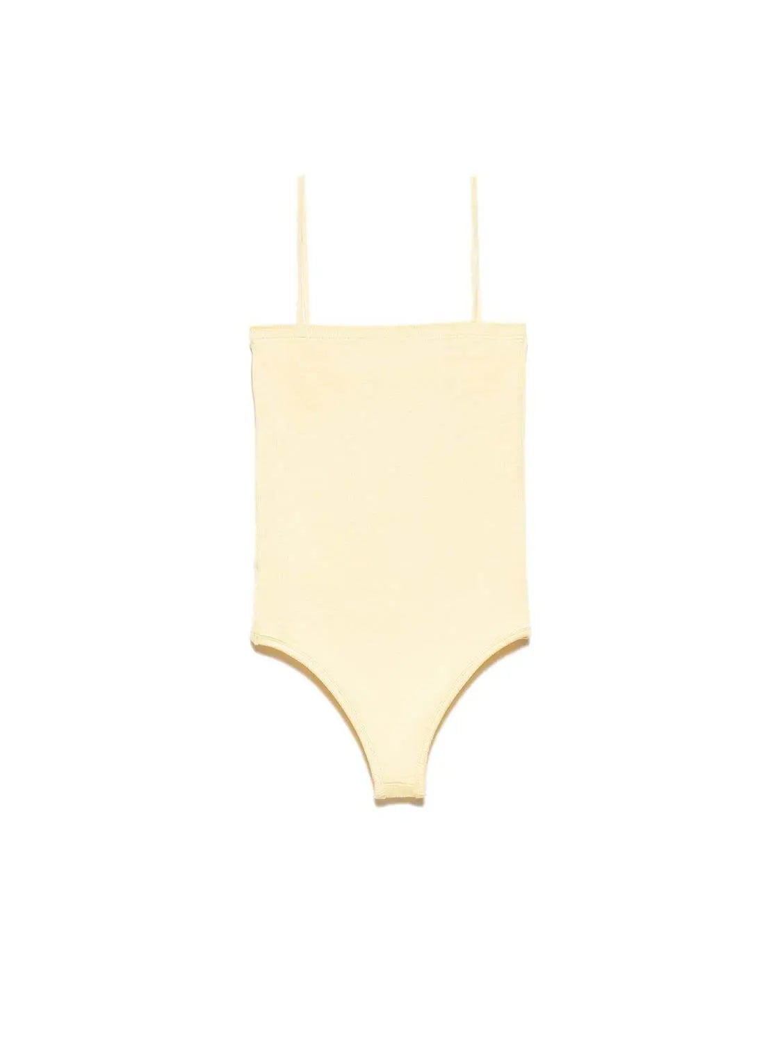 A stylish bodysuit made from a blend of polyester and elastane, showcasing its sleek design and comfortable fit.