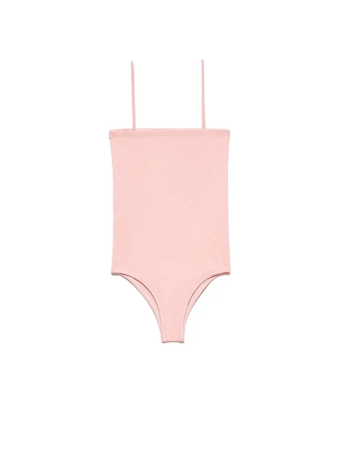 A stylish bodysuit made from a blend of polyester and elastane, showcasing its sleek design and comfortable fit.