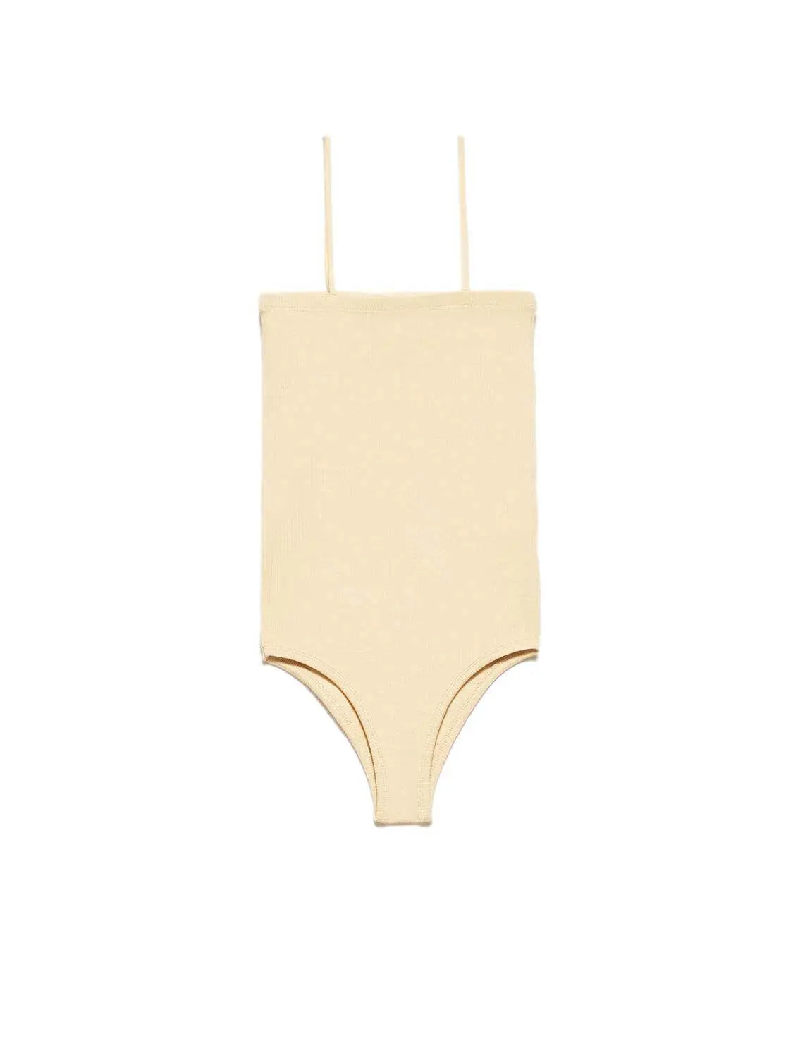 A stylish bodysuit made from a blend of polyester and elastane, showcasing its sleek design and comfortable fit.