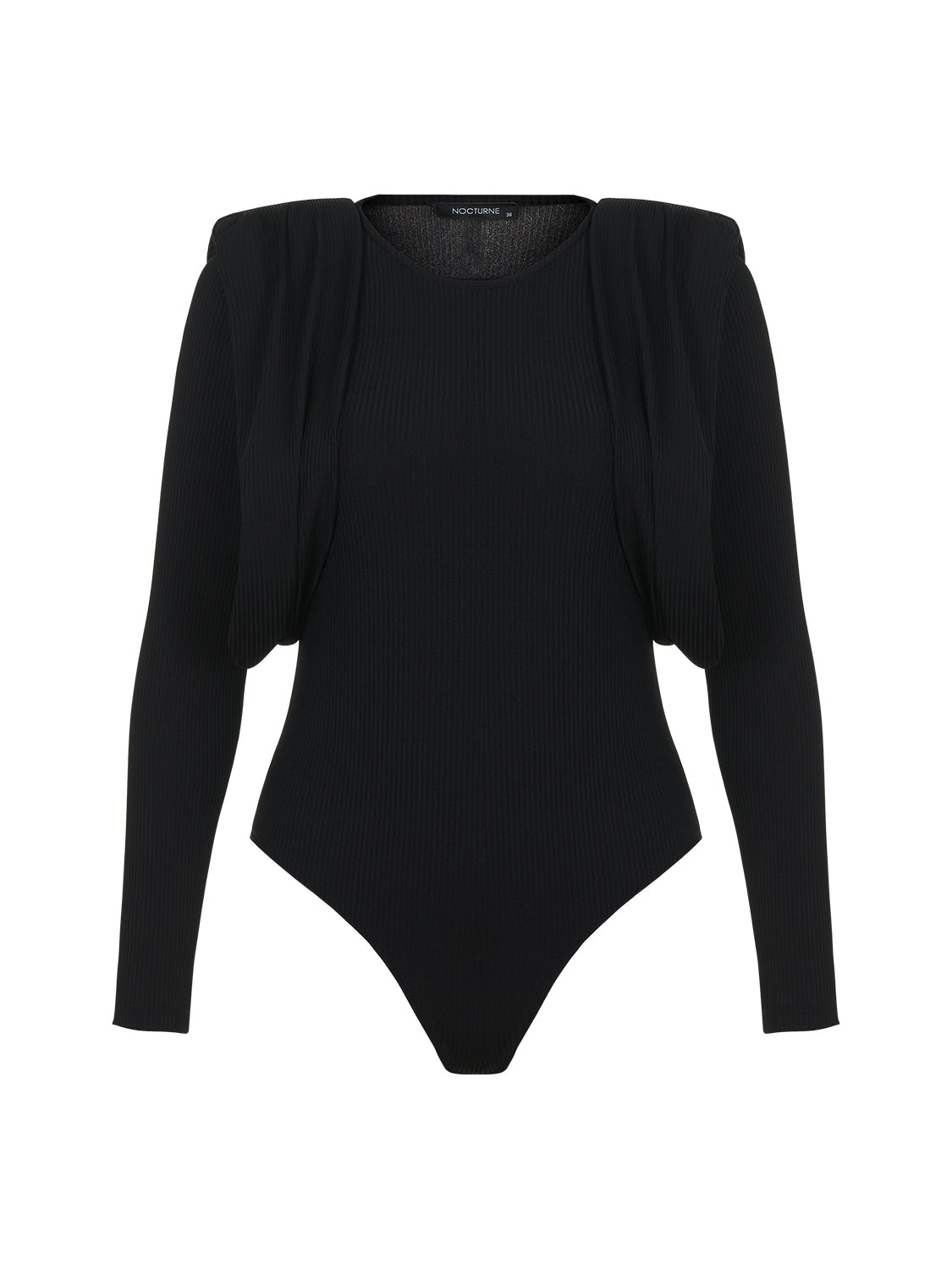 A stylish crew-neck bodysuit with long sleeves and shoulder pads, featuring a snap bottom closure, perfect for a chic look.