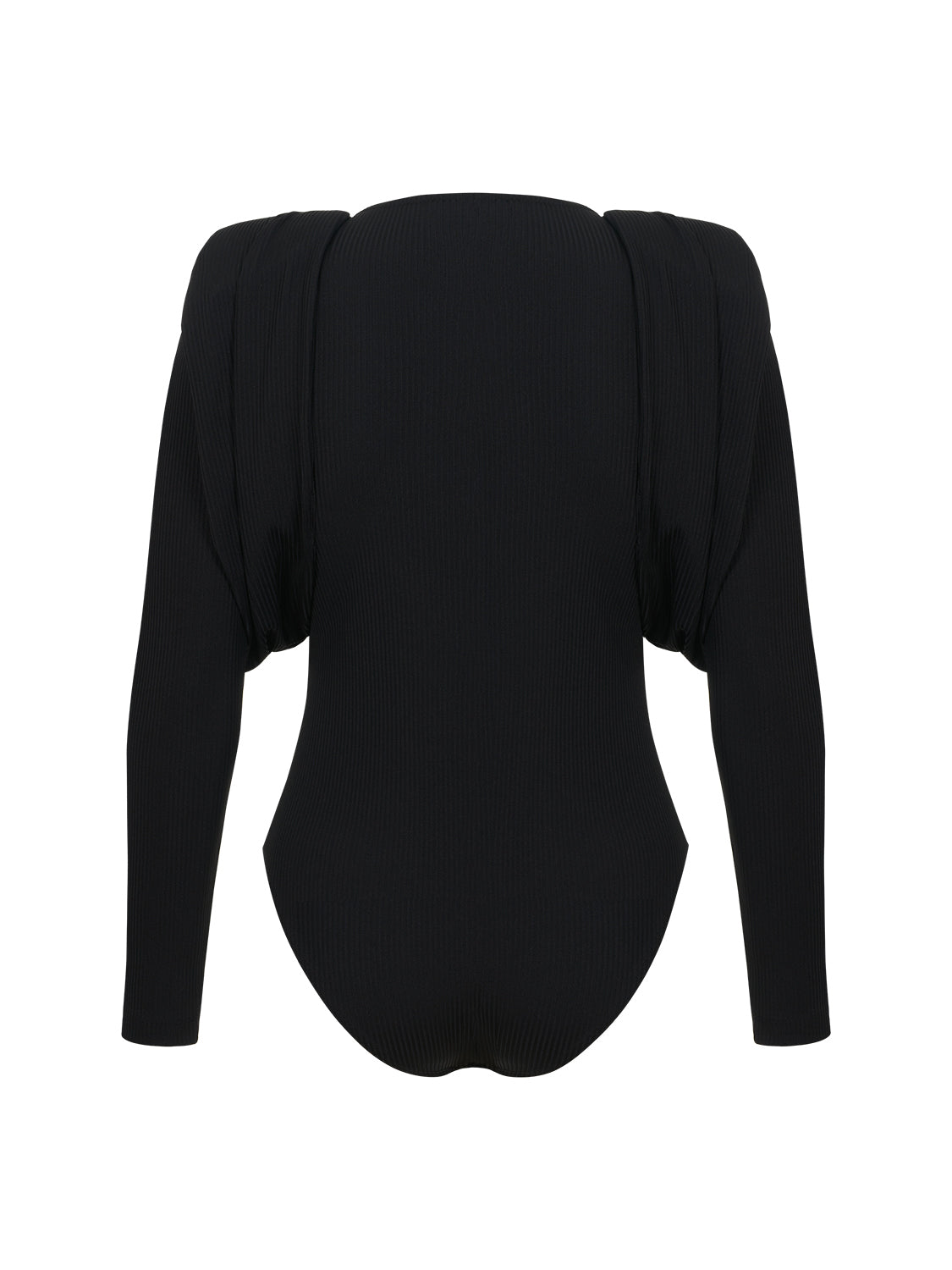 A stylish crew-neck bodysuit with long sleeves and shoulder pads, featuring a snap bottom closure, perfect for a chic look.