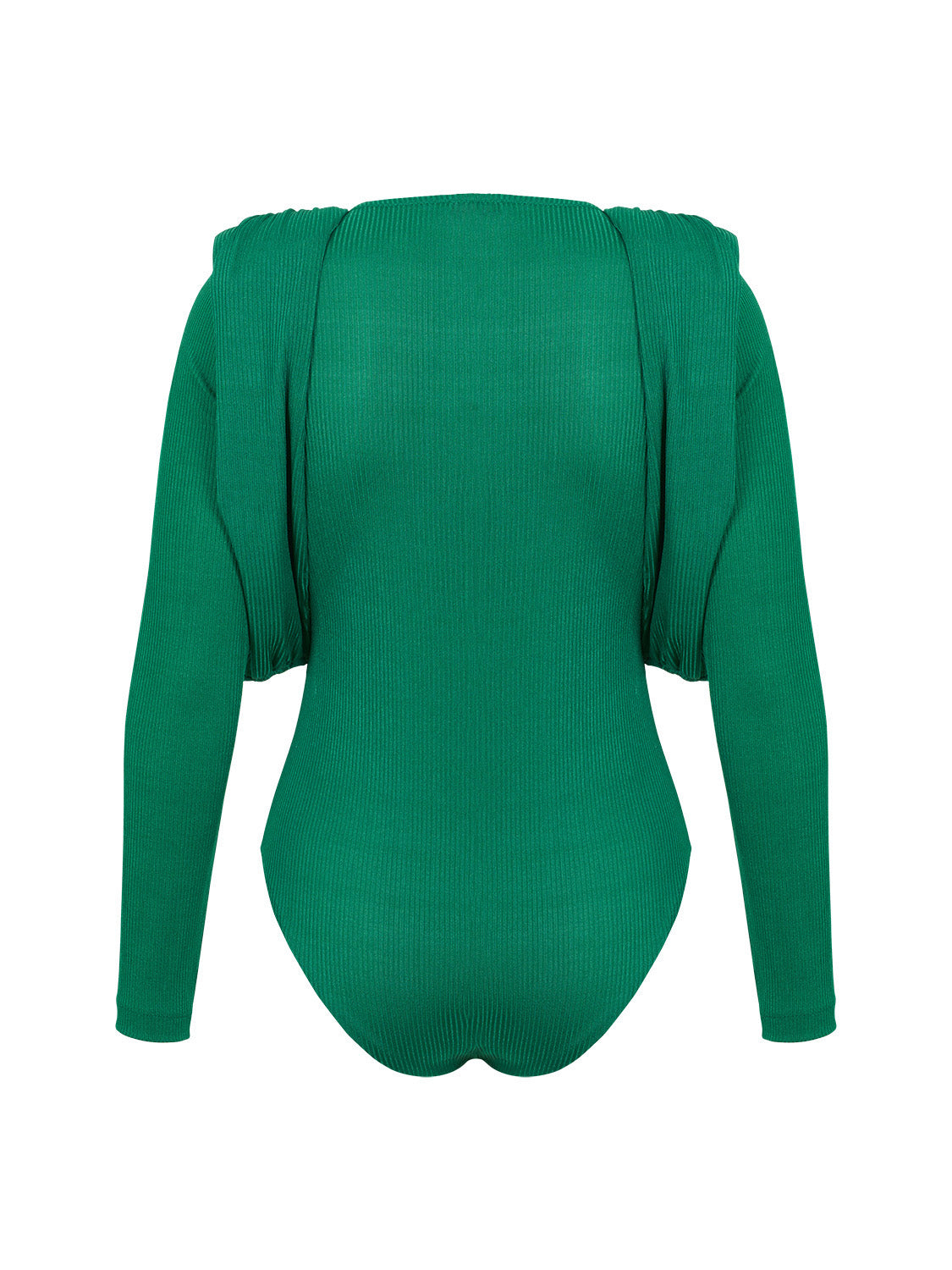 Chic crew-neck bodysuit with long sleeves and stylish shoulder pads, featuring a snap bottom closure.