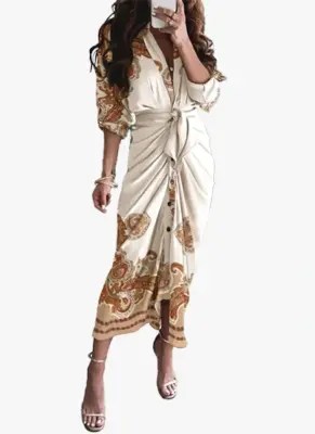 A stylish Bohemian clingy elastic wrap dress in a plain design, showcasing its elegant silhouette and comfortable fit.