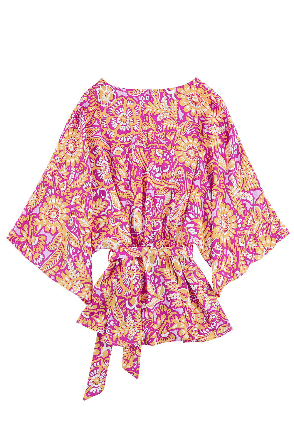 A stylish Boho Floral Belted Blouse featuring vibrant floral patterns, a waist tie, and wide short sleeves, perfect for a chic look.