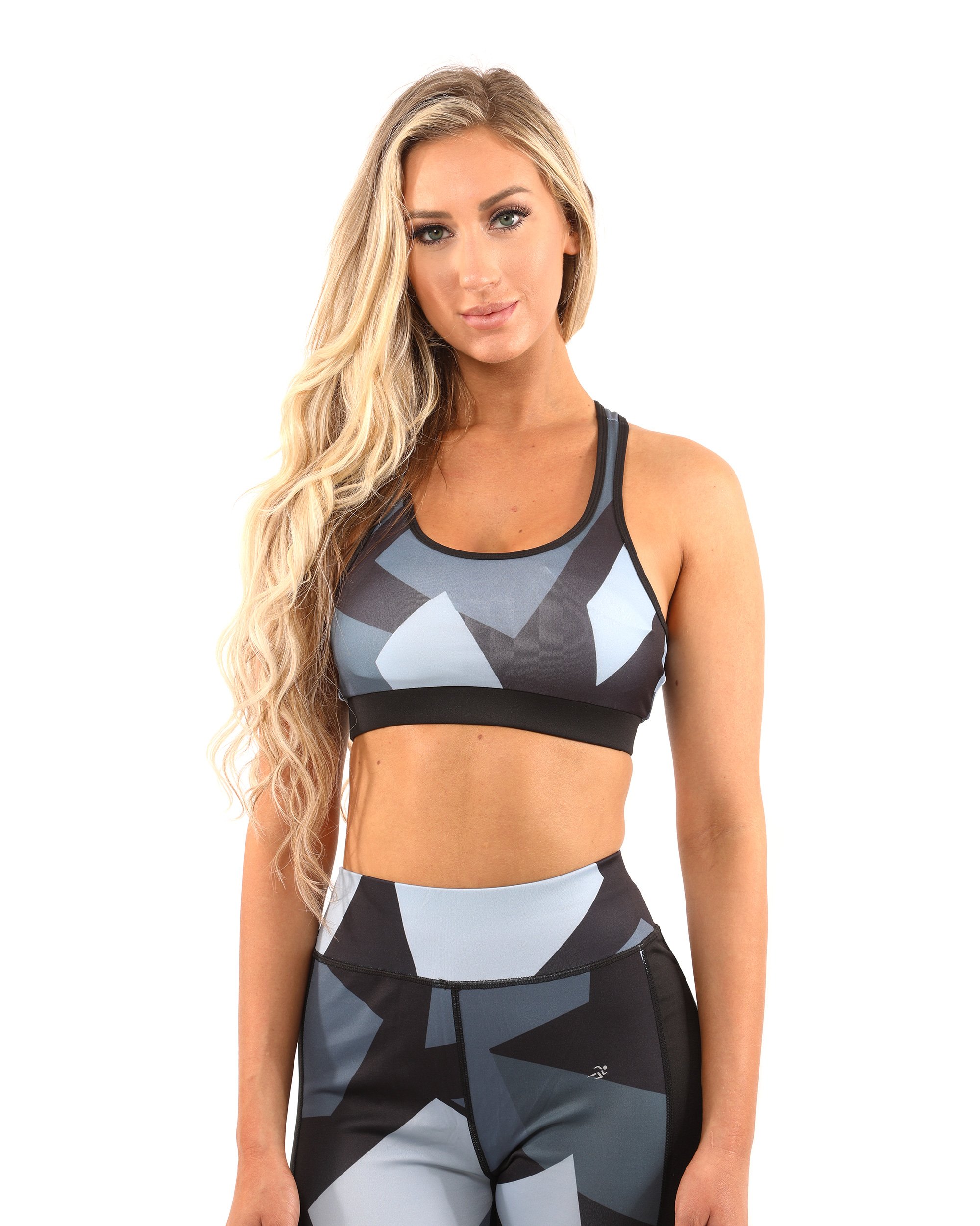 Savoy Active Bondi Sports Bra in black and grey, featuring a racerback design and sculpted compression fit.