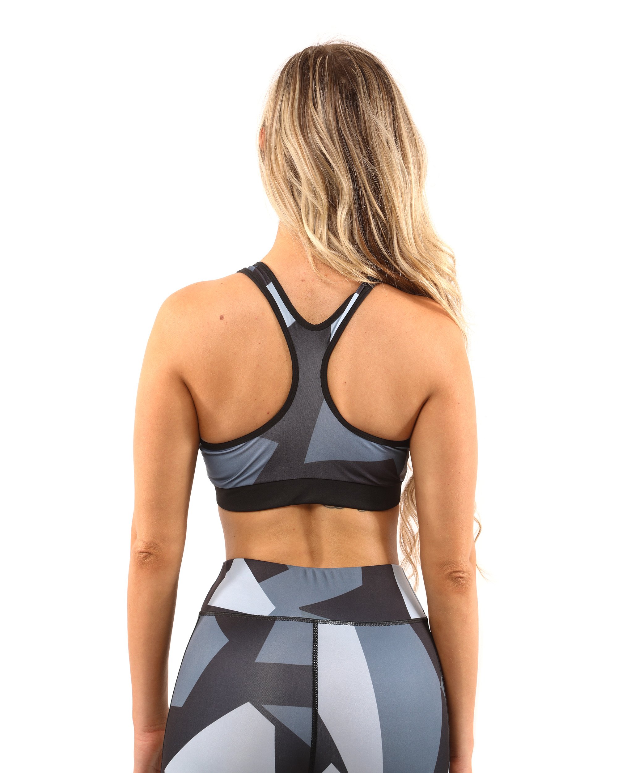 Savoy Active Bondi Sports Bra in black and grey, featuring a racerback design and sculpted compression fit.