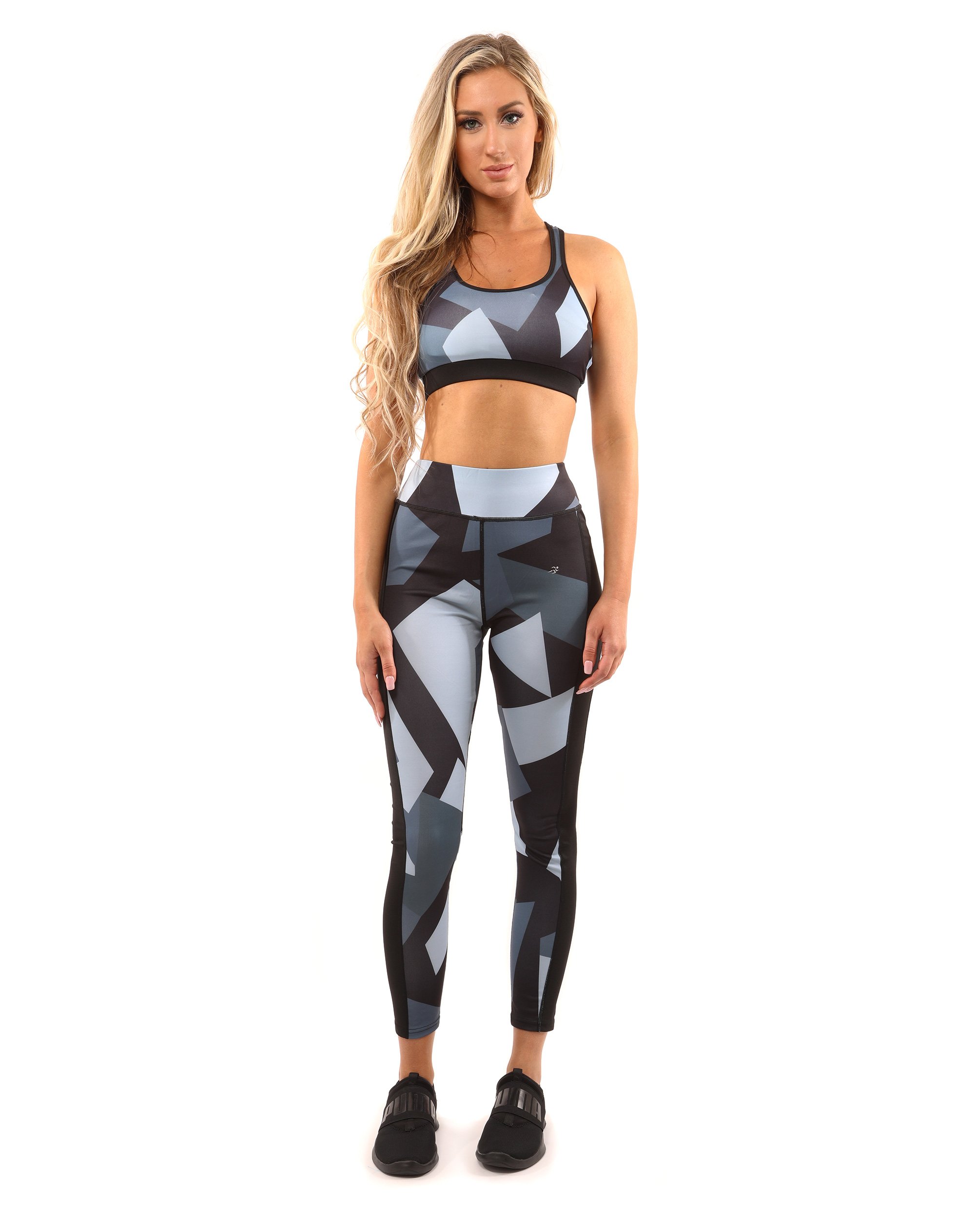 Savoy Active Bondi Sports Bra in black and grey, featuring a racerback design and sculpted compression fit.