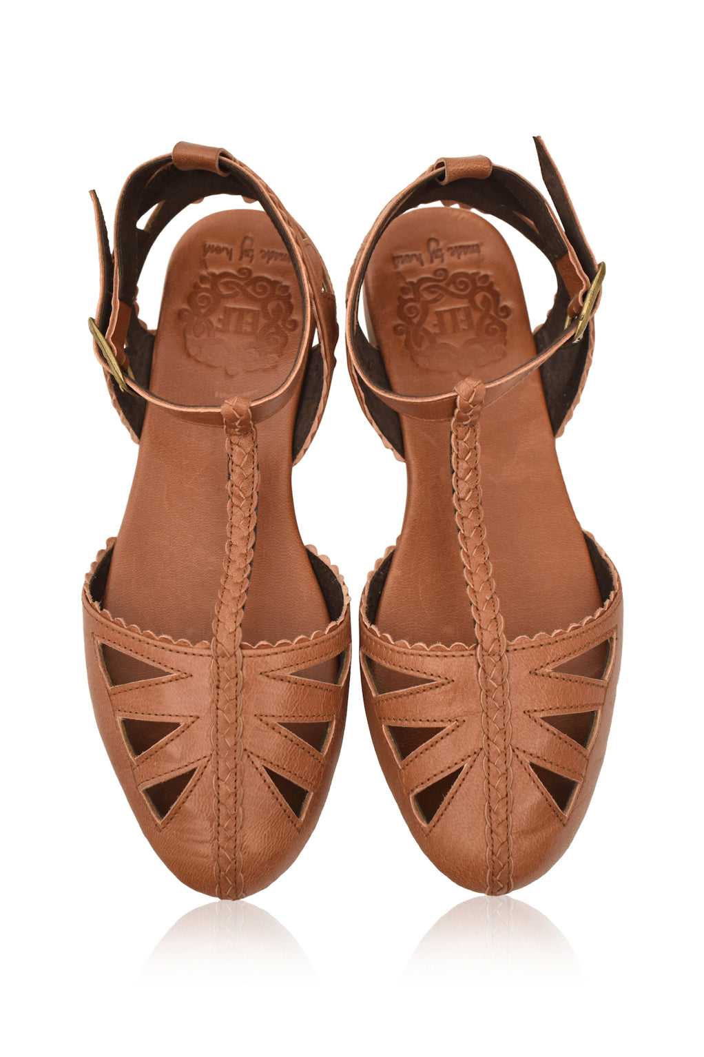 Bounty T-strap Leather Sandals showcasing round toe, cutouts, and scalloped edges in a stylish design.